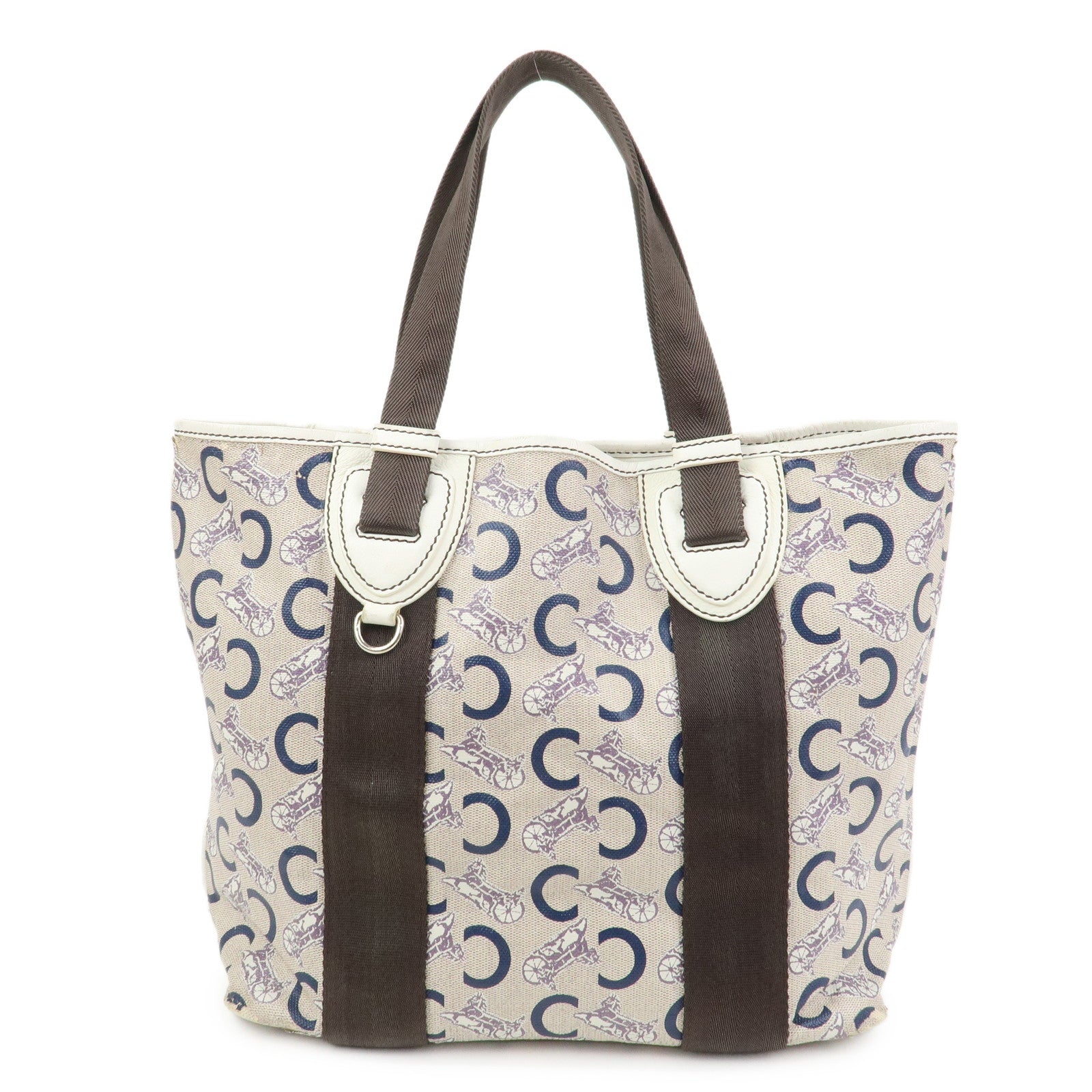 CELINE C Macadam PVC Canvas Leather Tote Bag Hand Bag Ivory Black