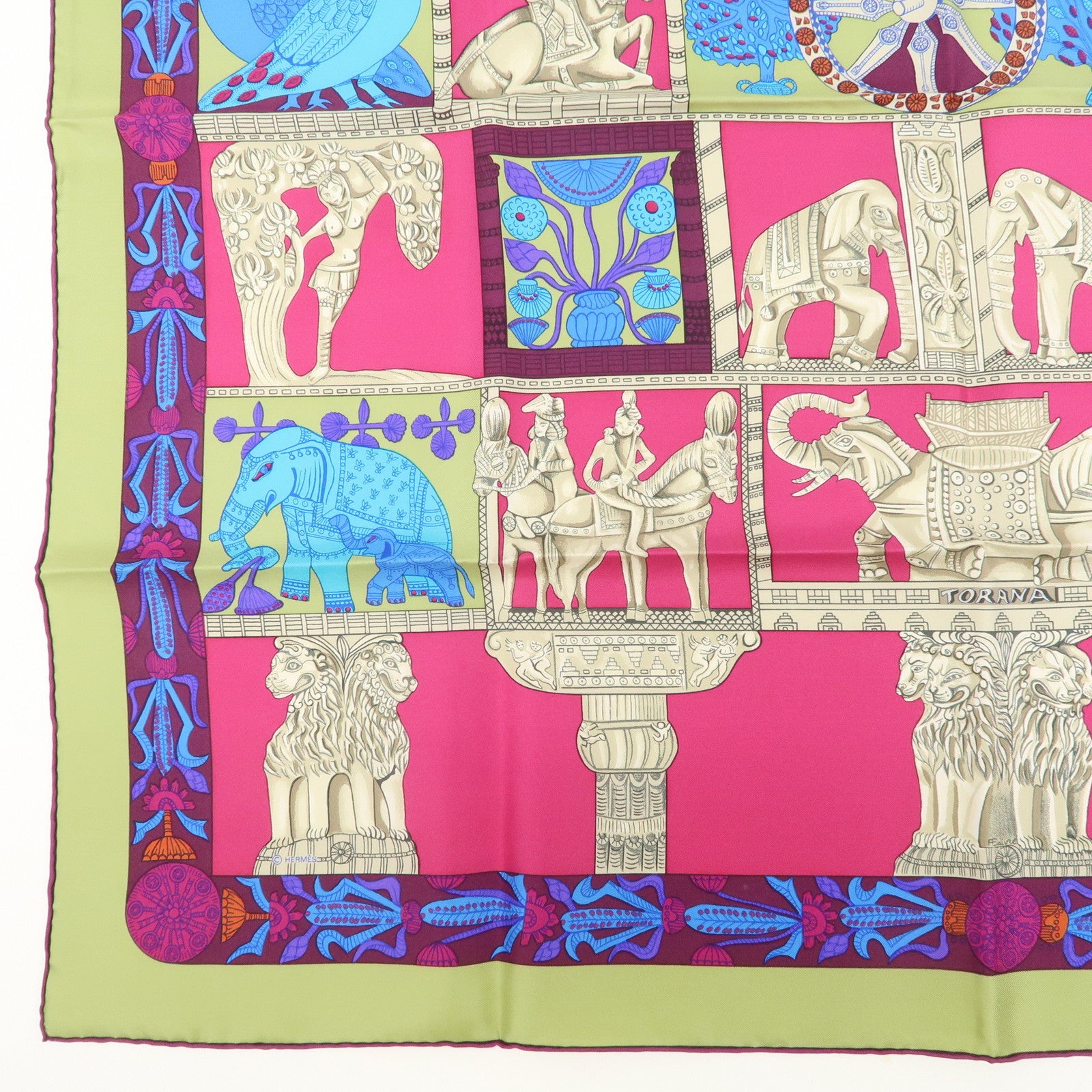 HERMES Carre 90 Silk 100% Scarf TORANA Pink Blue Green Used