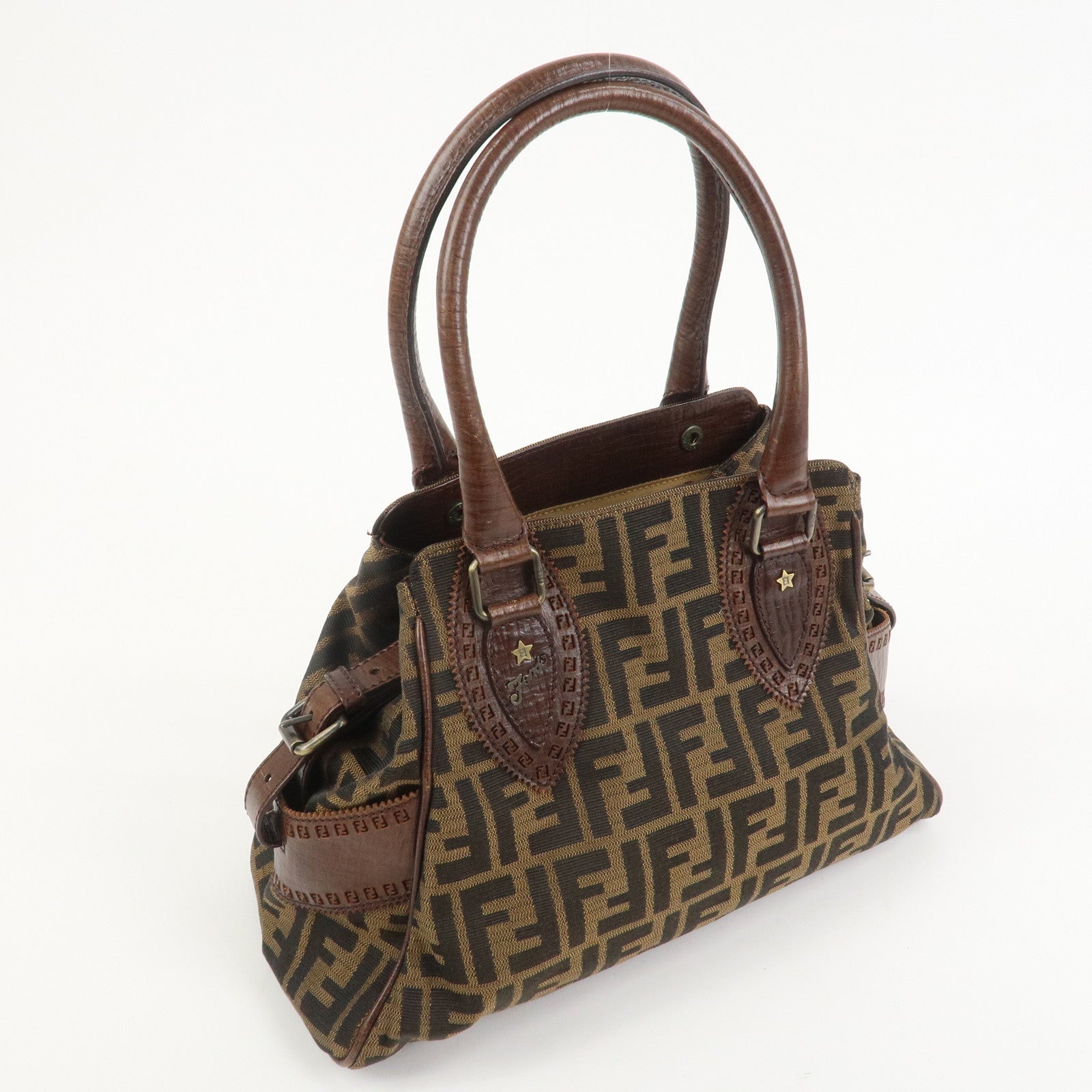 FENDI Etnico Canvas Leather Shoulder Bag Brown Black 8BN157