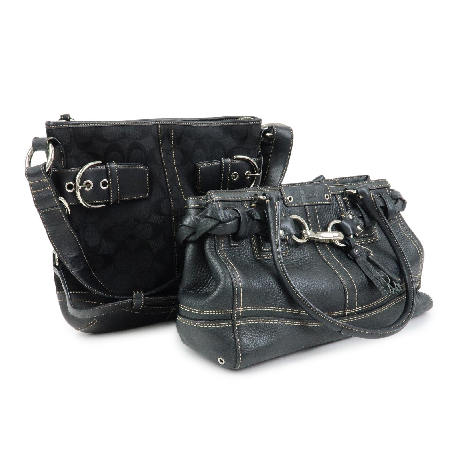 COACH Signature Set of 2 Canvas Leather Shoulder Bag Hand Bag Black