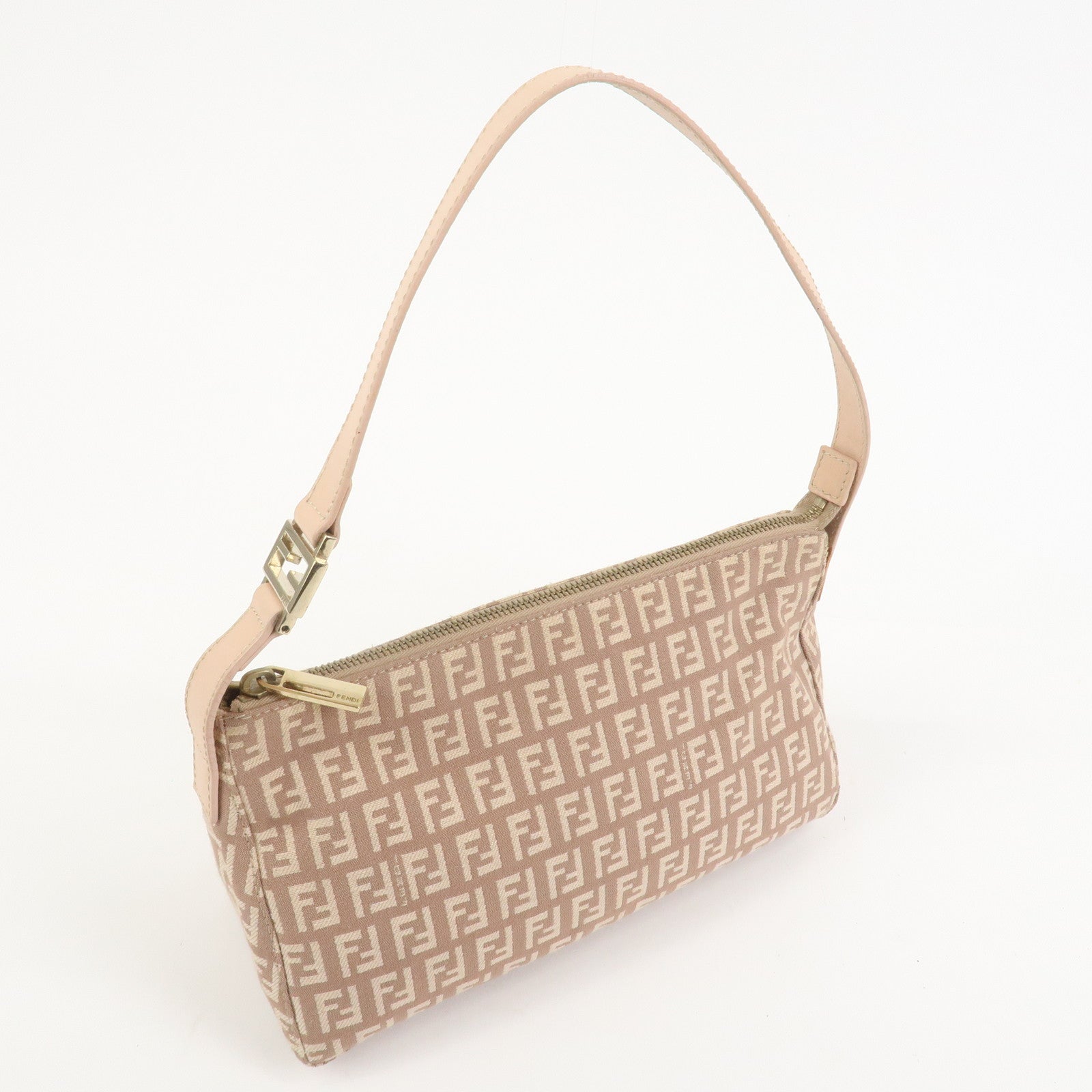 FENDI Zucchino Canvas Leather Shoulder Hand Bag Pink Beige 8BR444