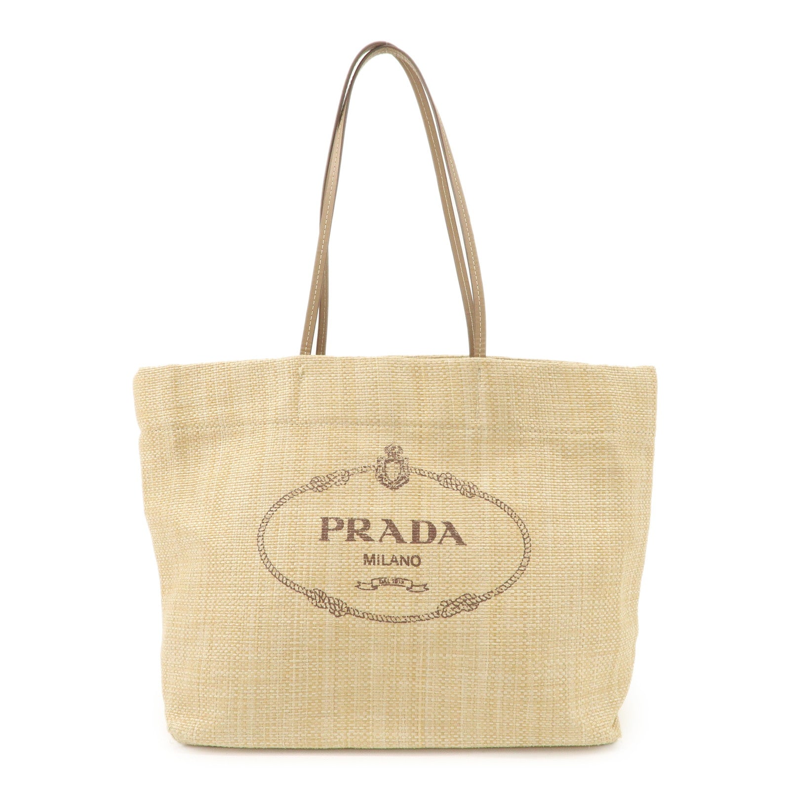 PRADA Leather Raffia Straw Tote Bag Shoulder Bag Beige Used