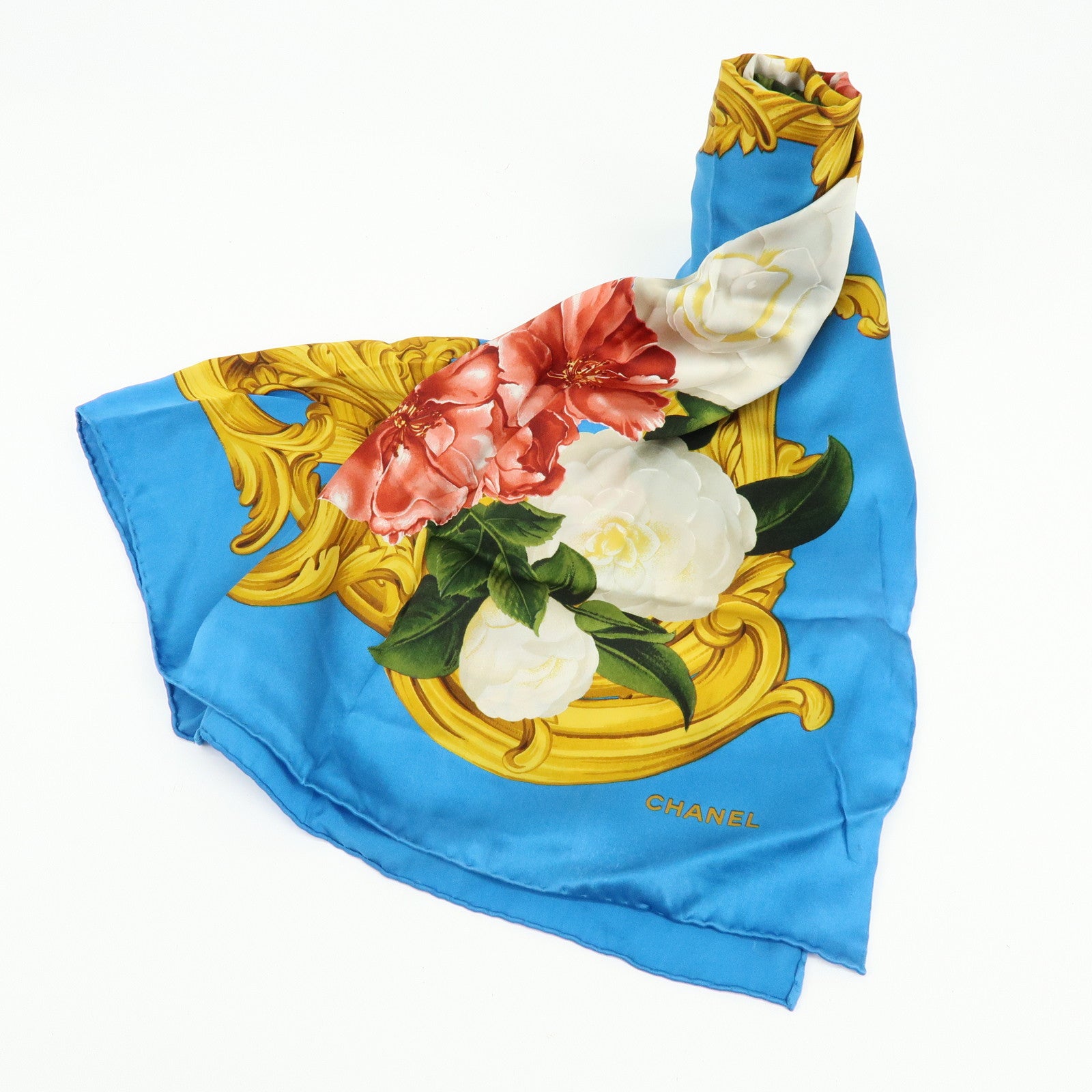 CHANEL Silk 100% Scarf Camellia Flower Motif Blue Gold Red