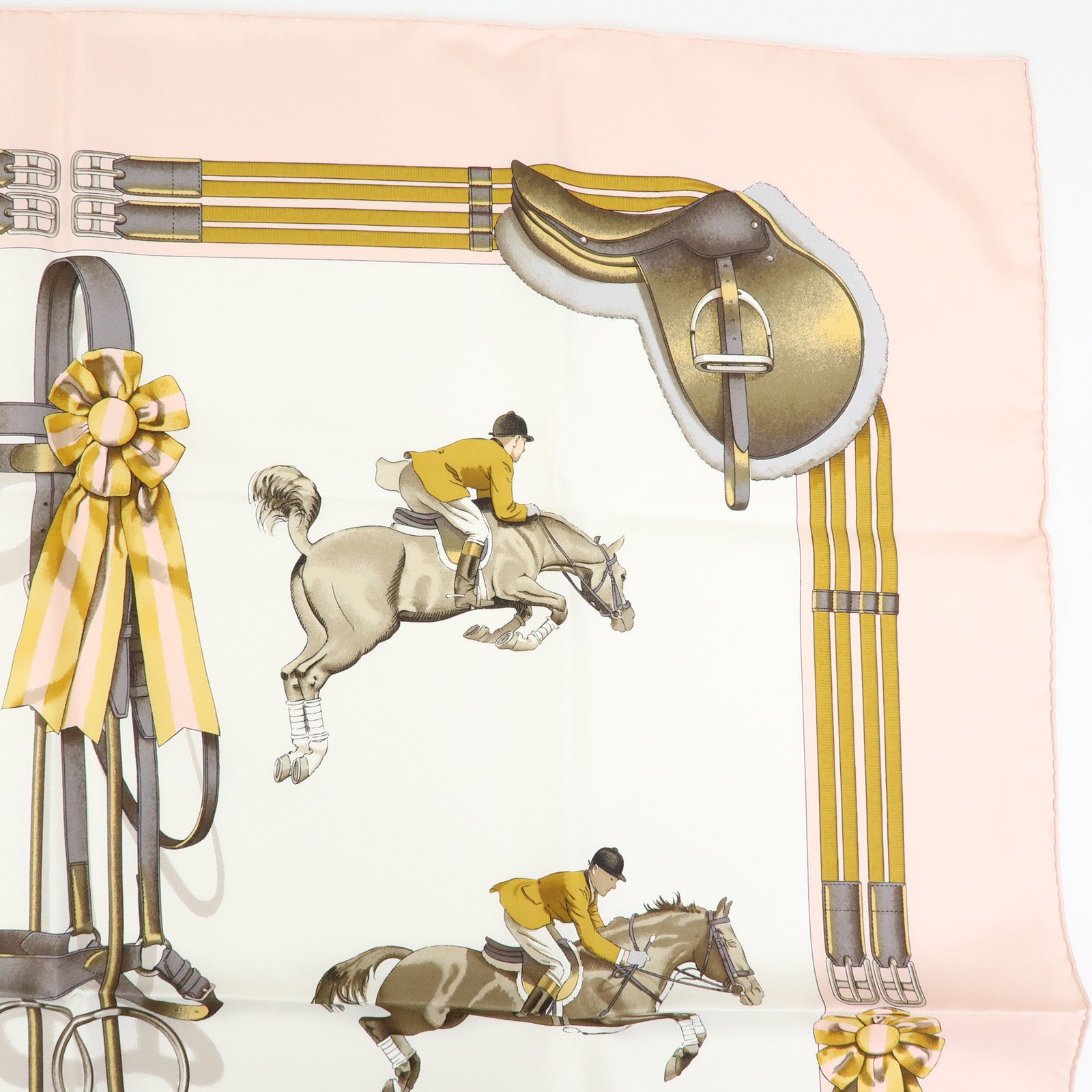 HERMES Carre 90 Silk 100% Scarf JUMPING Equestrianism Pink Brown