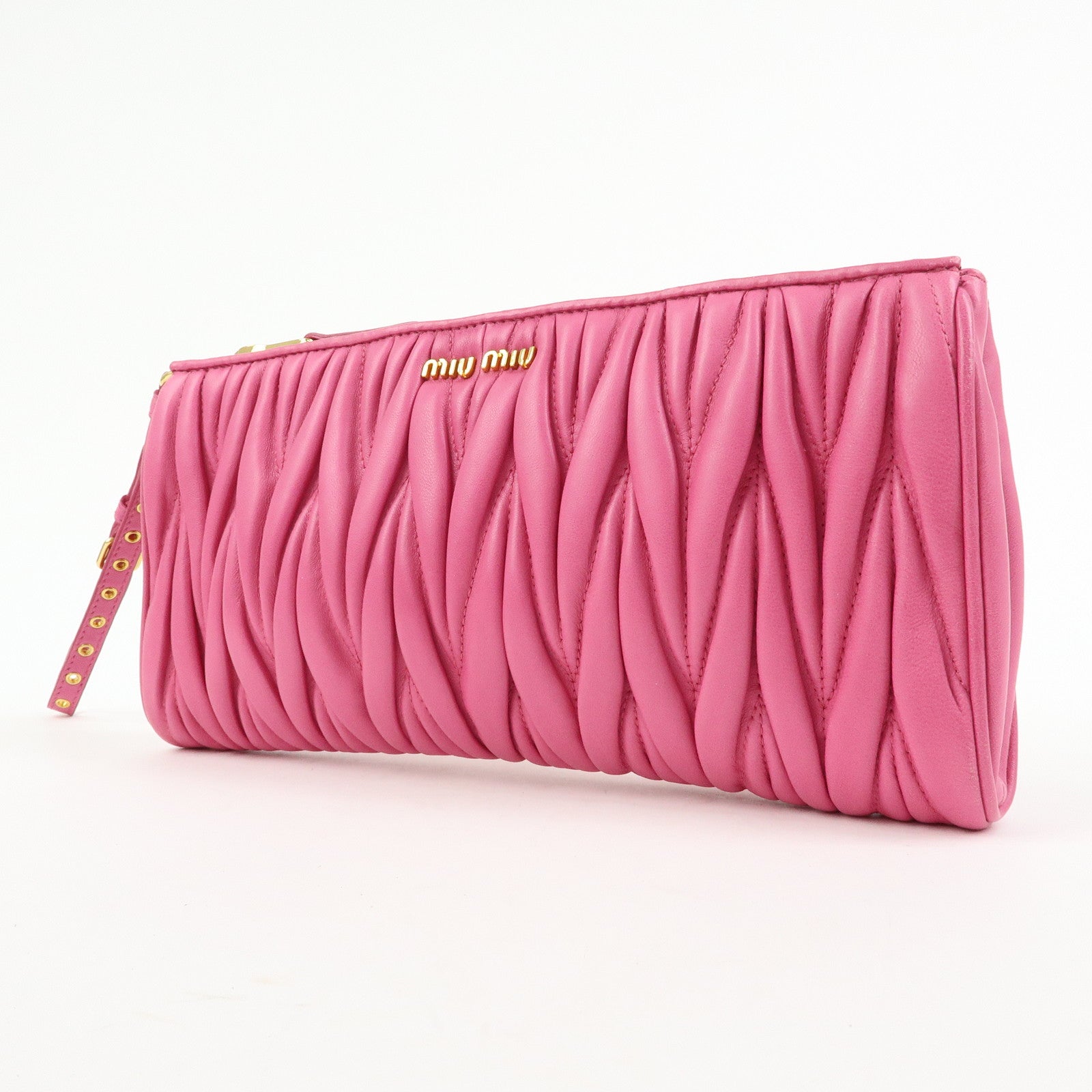 MIU MIU Matelasse Nappa Leather Clutch Bag Wristlet Bag Pink 5N1455