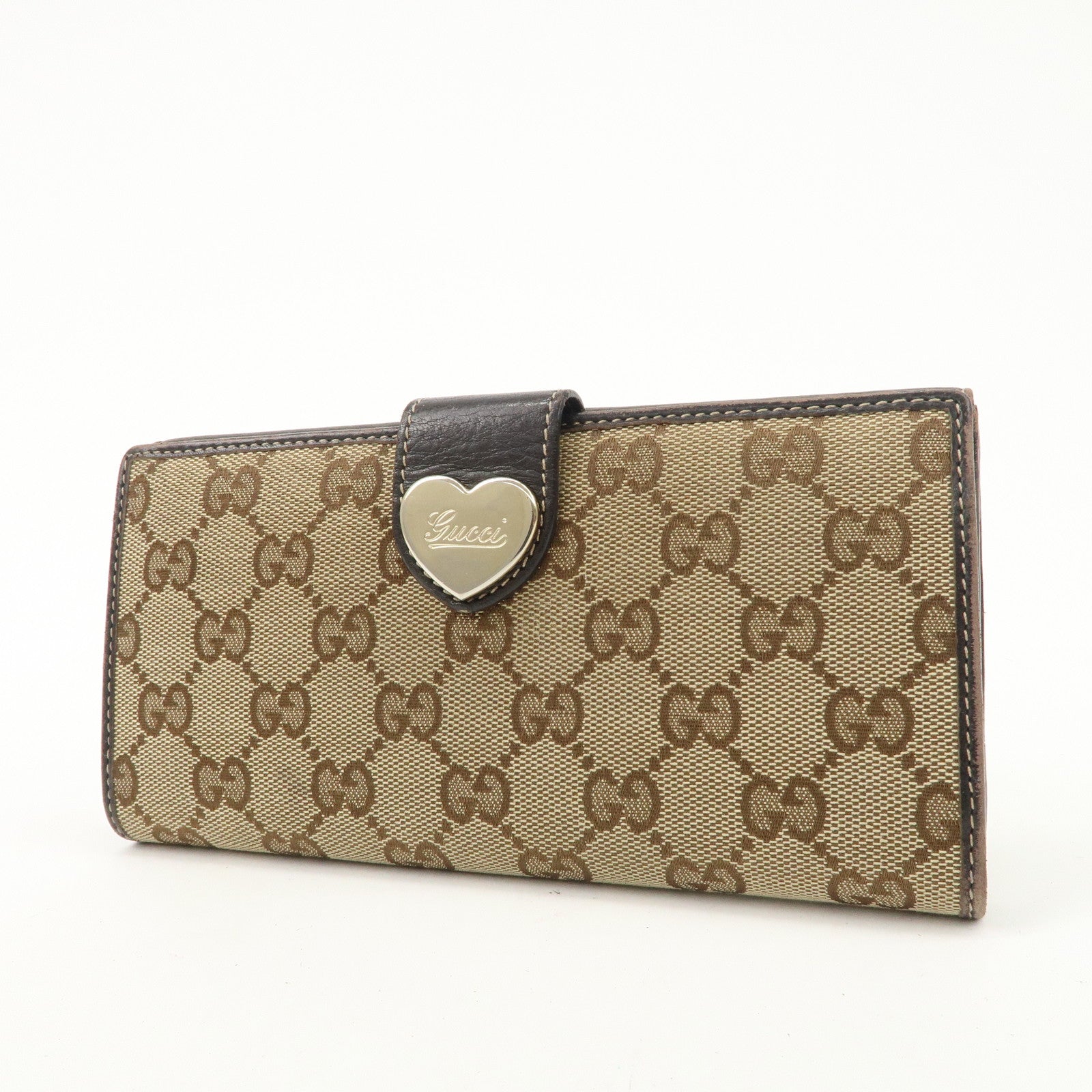 GUCCI Lovely Heart GG Canvas Leather Bi-fold Long Wallet Brown 203550 Used