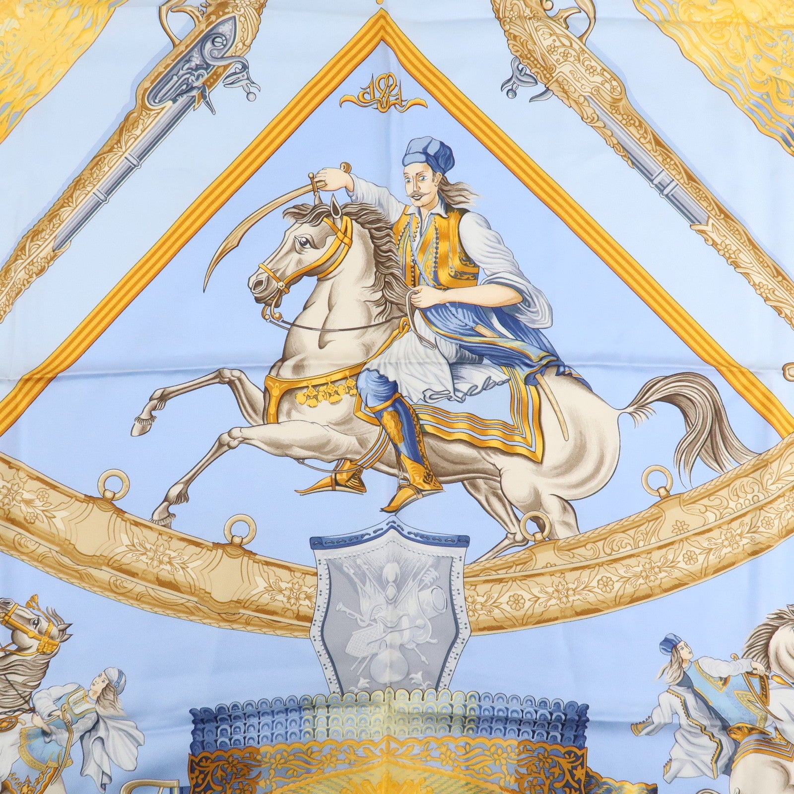 HERMES Carre 90 Silk 100% Scarf Cavaliers ottomans Light Blue Used