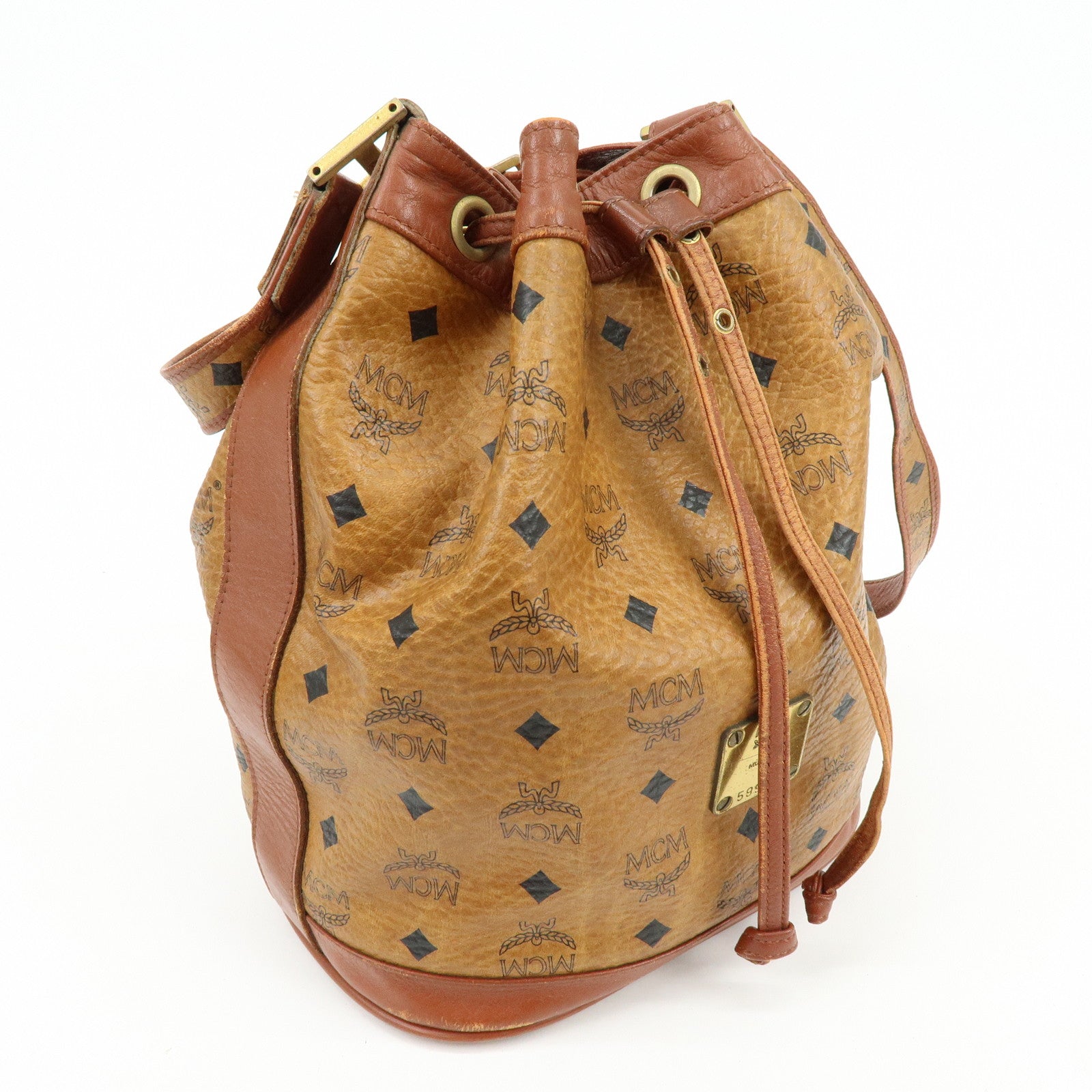 MCM Visetos Leather Drawstring Shoulder Bag Crossbody Bag Brown