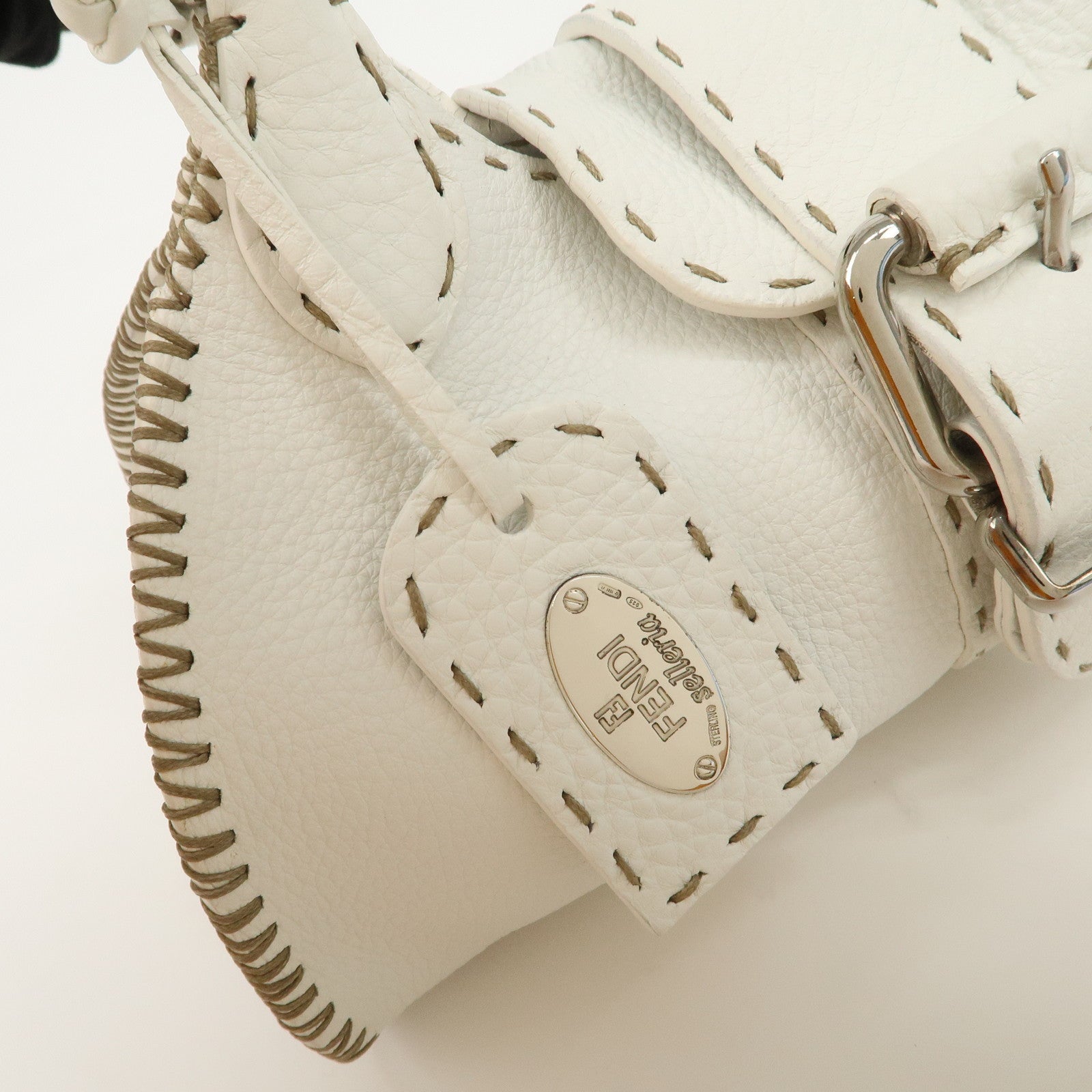 FENDI Seleria Leather Hand Bag White Silver HDW 8BR439