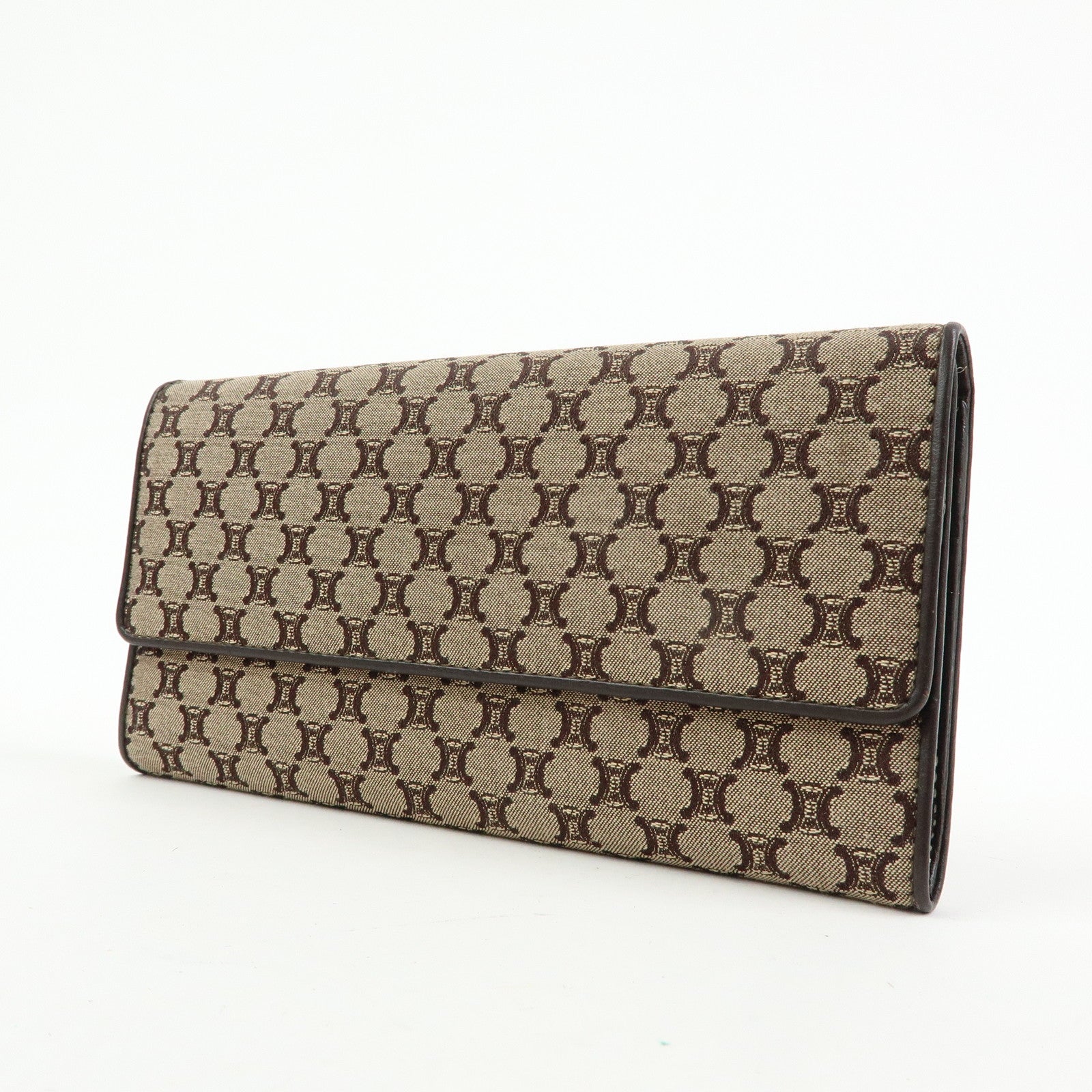 CELINE Macadam Canvas Leather Flap Long Wallet Beige Brown