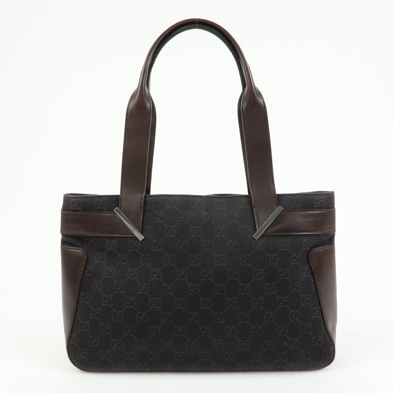 GUCCI GG Canvas Leather Hand Bag Tote Bag Dark Brown 73983
