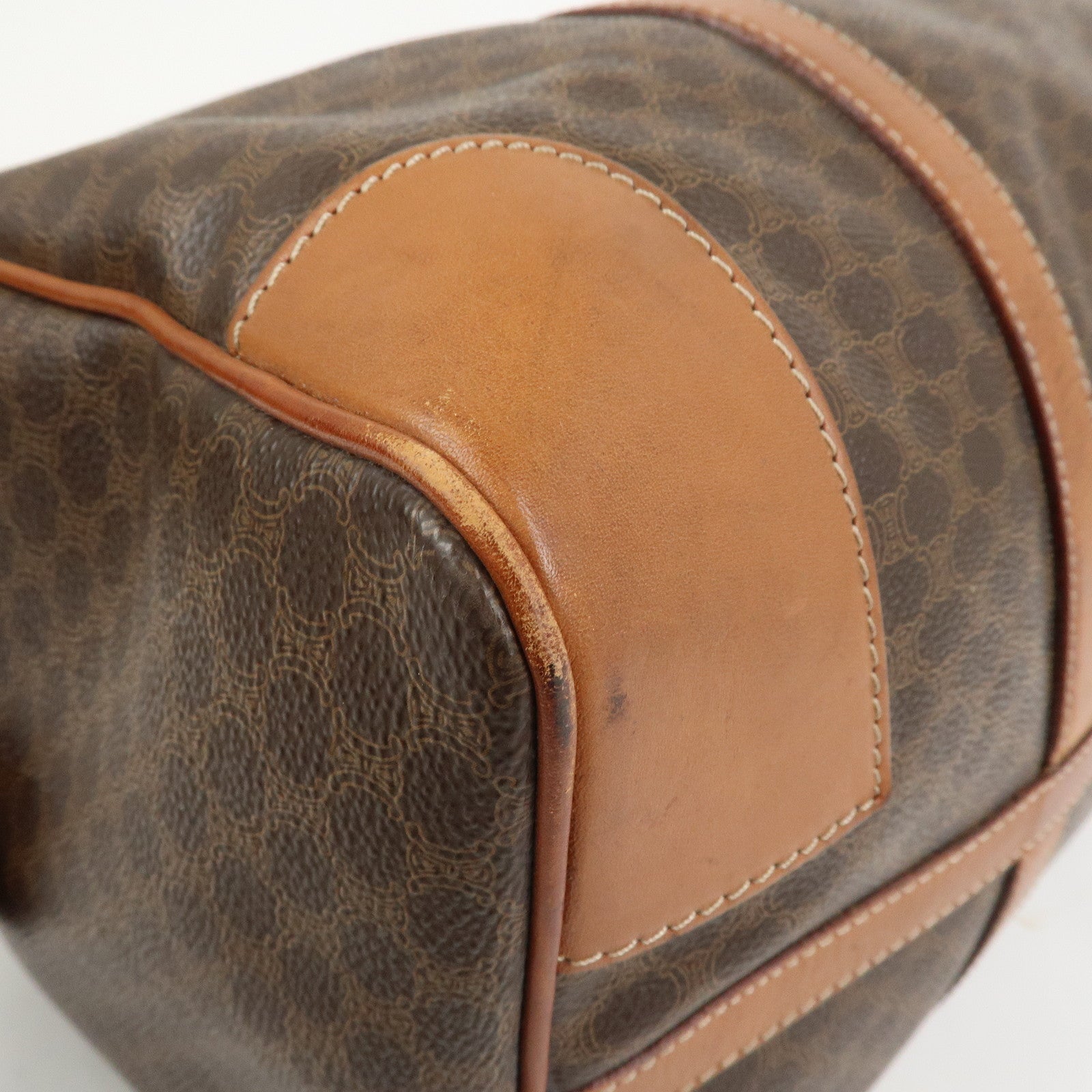 CELINE Macadam PVC Canvas Leather Boston Bag Hand Bag Brown