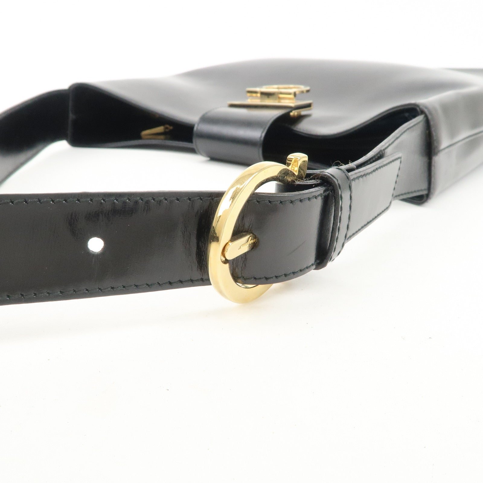 Ferragamo Gancini Leather Shoulder Bag Hand Bag Black Gold HDW