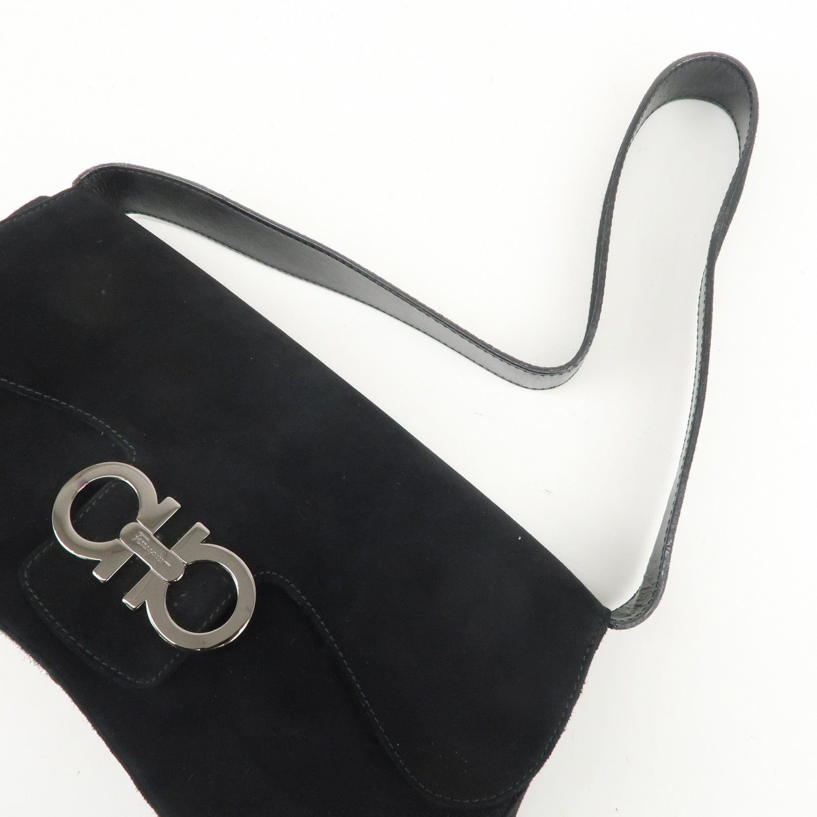 Ferragamo Gancini Suede Leather Shoulder Bag Hand Bag Black