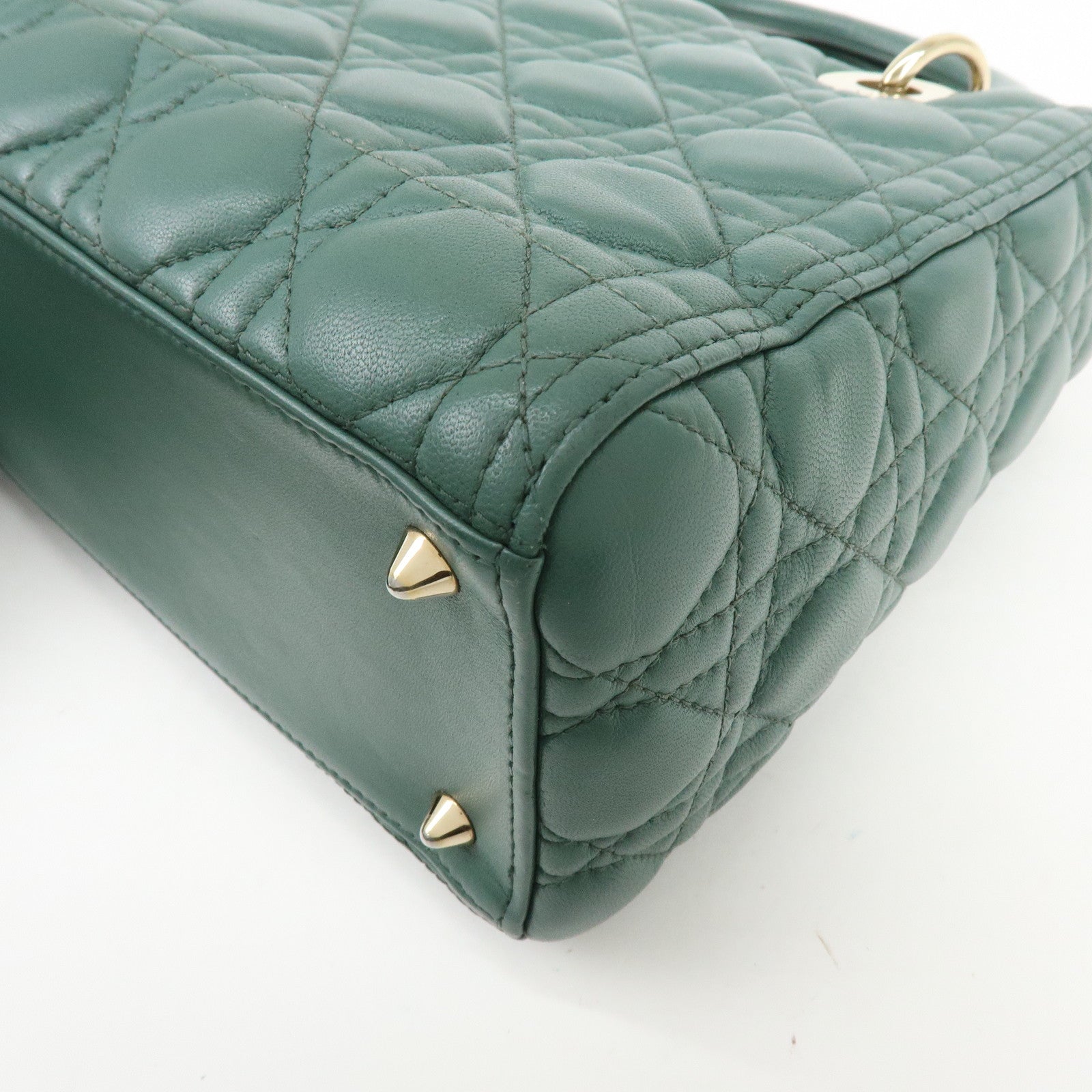 Christian Dior Lady Dior Cannage Lamb Skin 2Way Bag Hand Bag Green