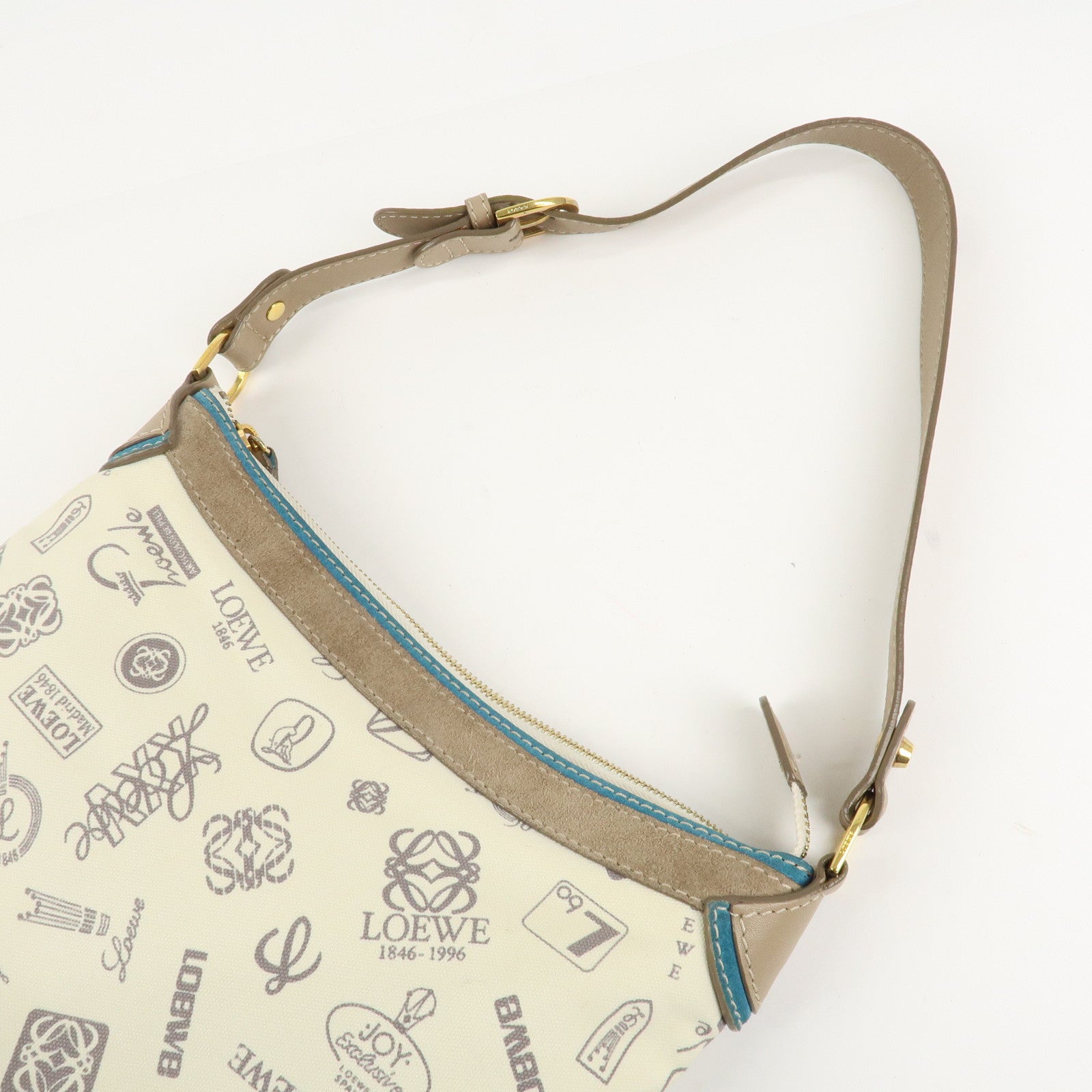 LOEWE Anagram Canvas Suede Leather Shoulder Bag Beige Blue Used