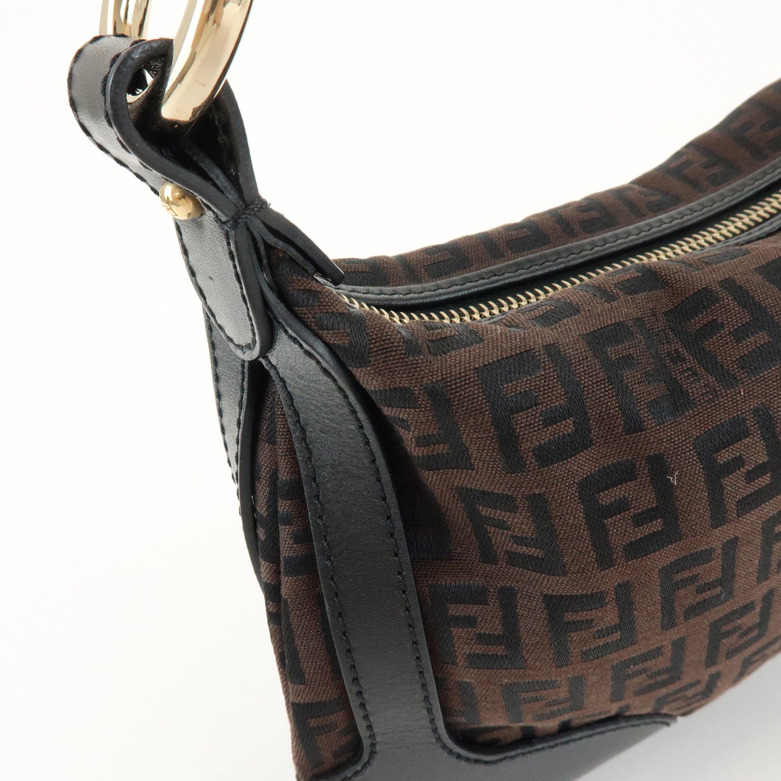 FENDI Zucchino Logo Canvas Leather Black Shoulder Bag Brown 8BR464