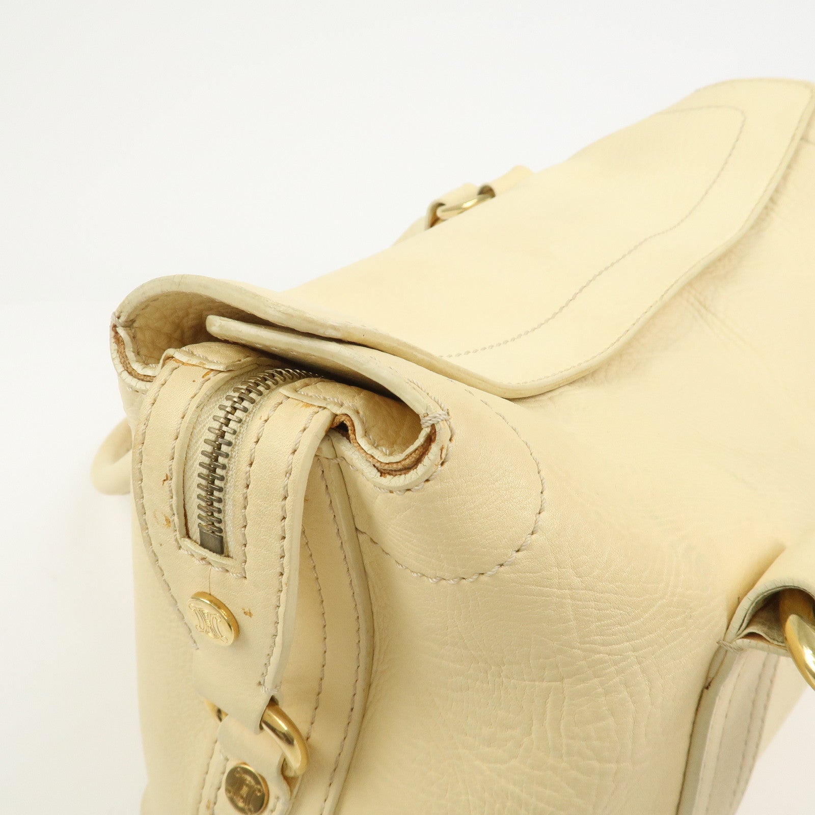 CELINE Macadam Logo Leather Tote Bag Hand bag Shoulder Bag Creme