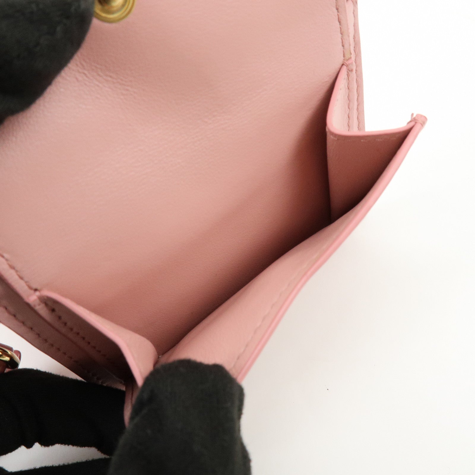 MIU MIU Madras Leather Rhinestone Card Case Heart Love letter Pink