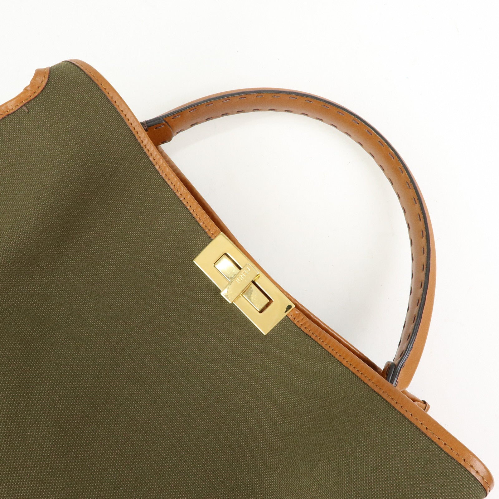 FENDI Peekaoo Canvas Leather Hand Bag Khaki Brown 8BN304