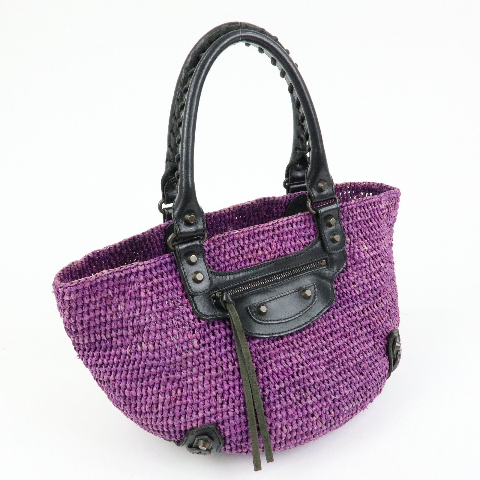 BALENCIAGA Leather Raffia Small Hand Bag Purple Black 236741