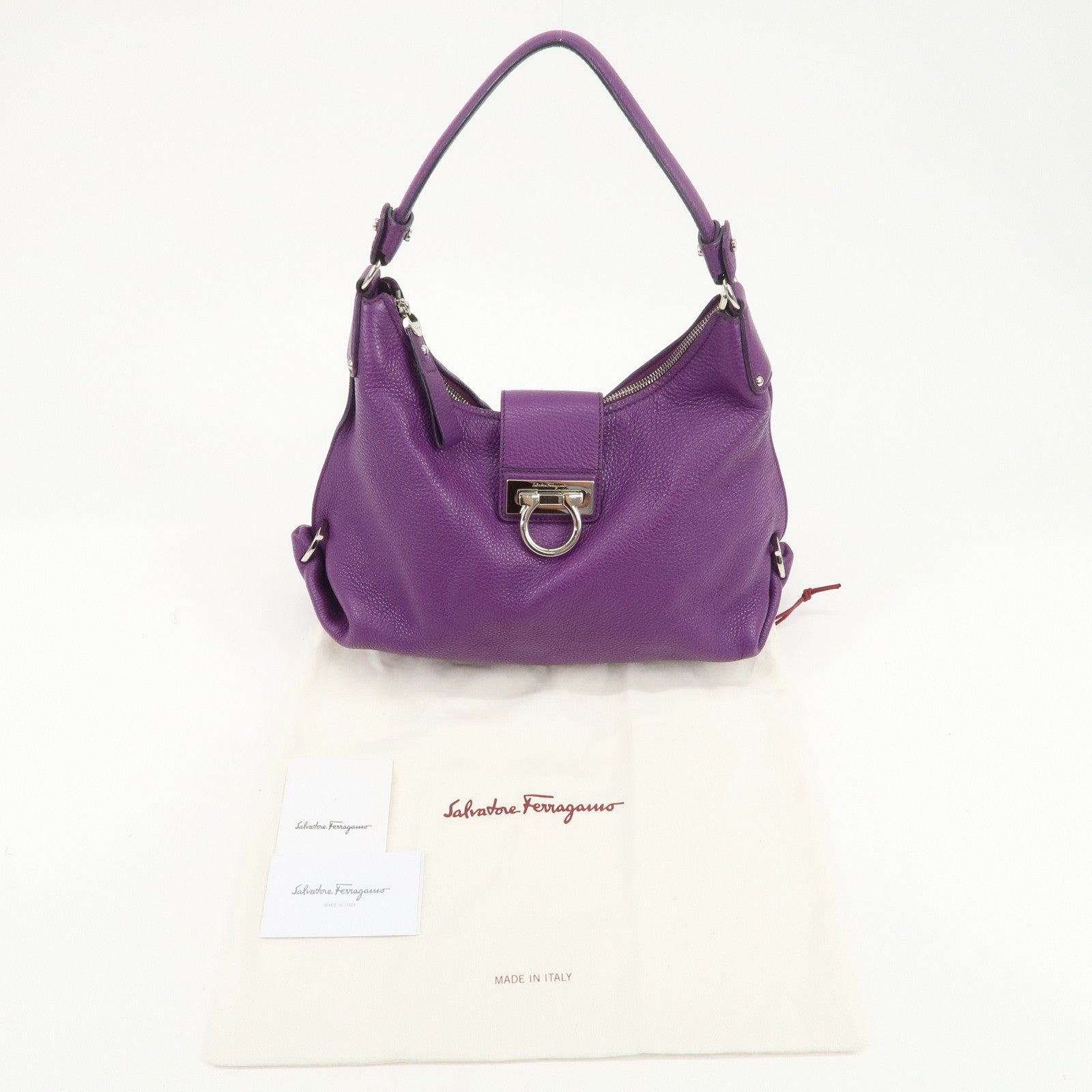 Ferragamo Gancini Logo Leather Shoulder Bag Hand Bag Purple