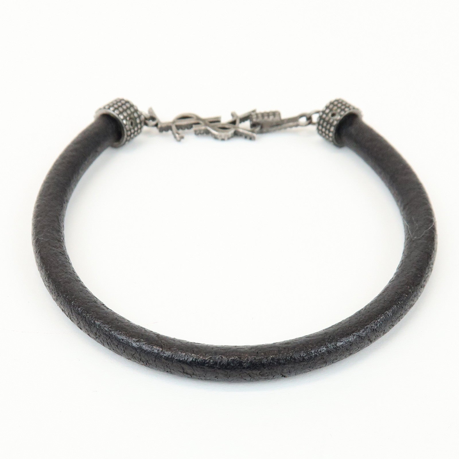SAINT LAURENT Leather Metal Cassandre Bracelet Black
