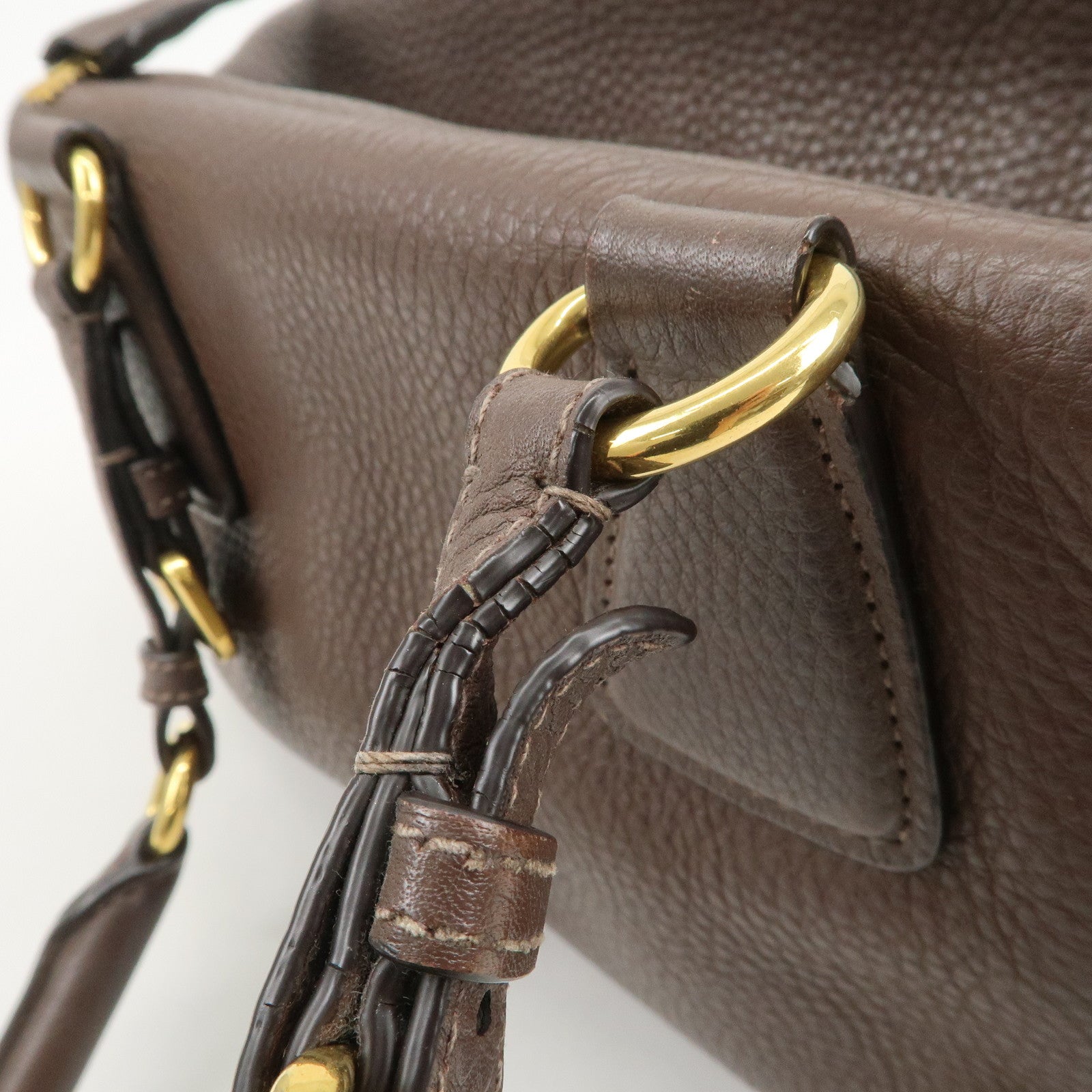 PRADA Logo Leather Shoulder Bag Boston Bag Hand Bag Brown B3091M