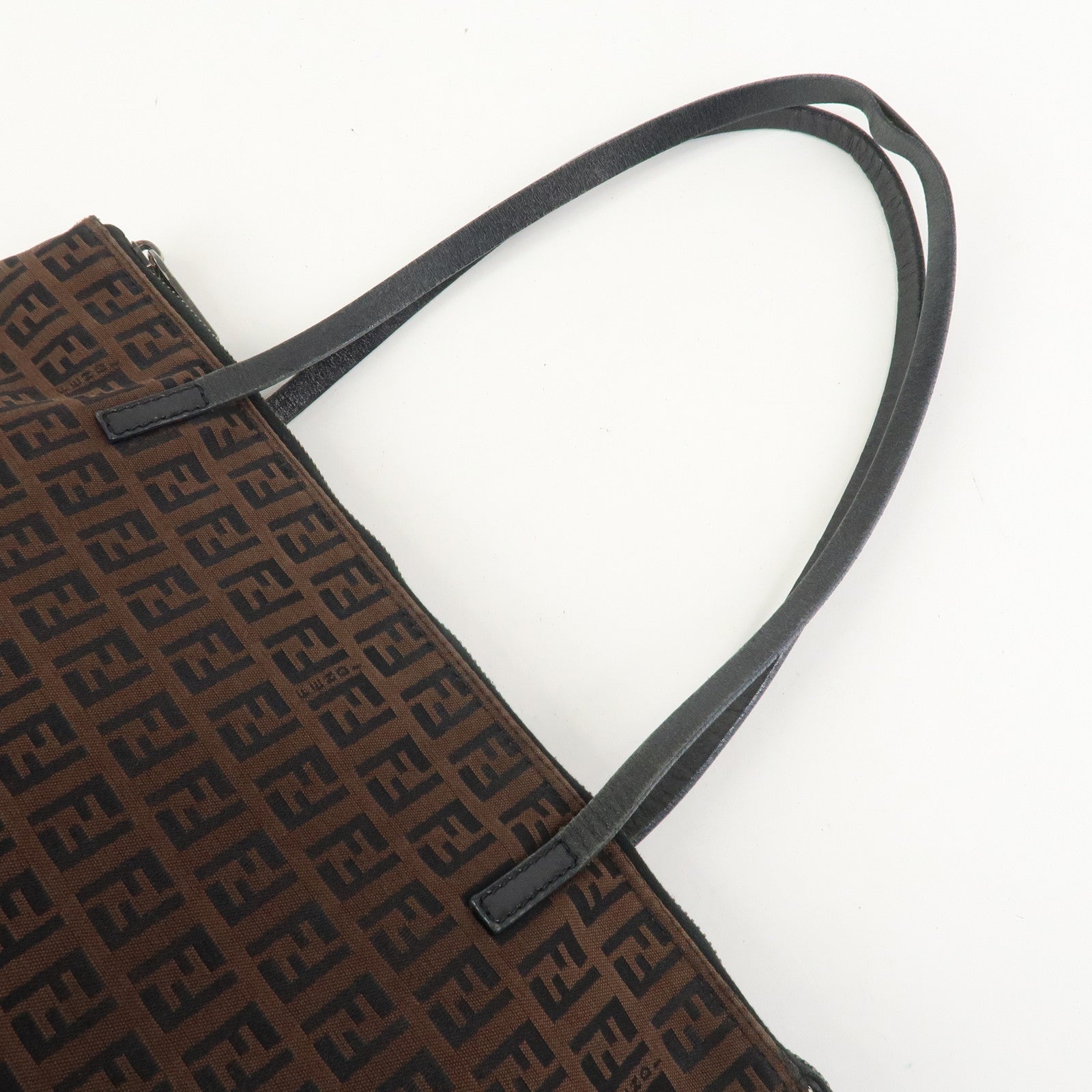 FENDI Zucchino Canvas Leather Tote Bag Brown Black 8BH023