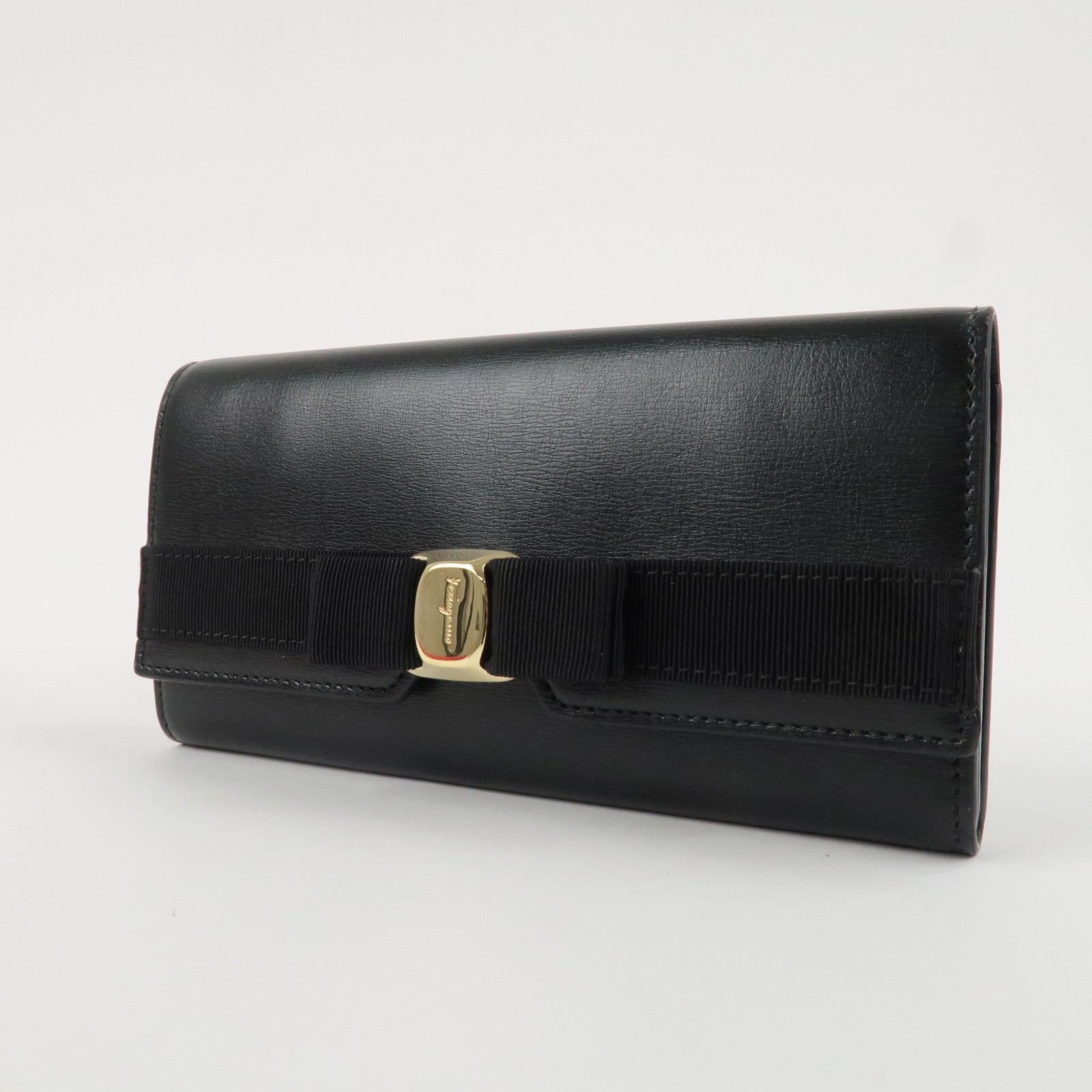 Ferragamo Vara Ribbon Leather Bifold Wallet Black Gold HDW Used