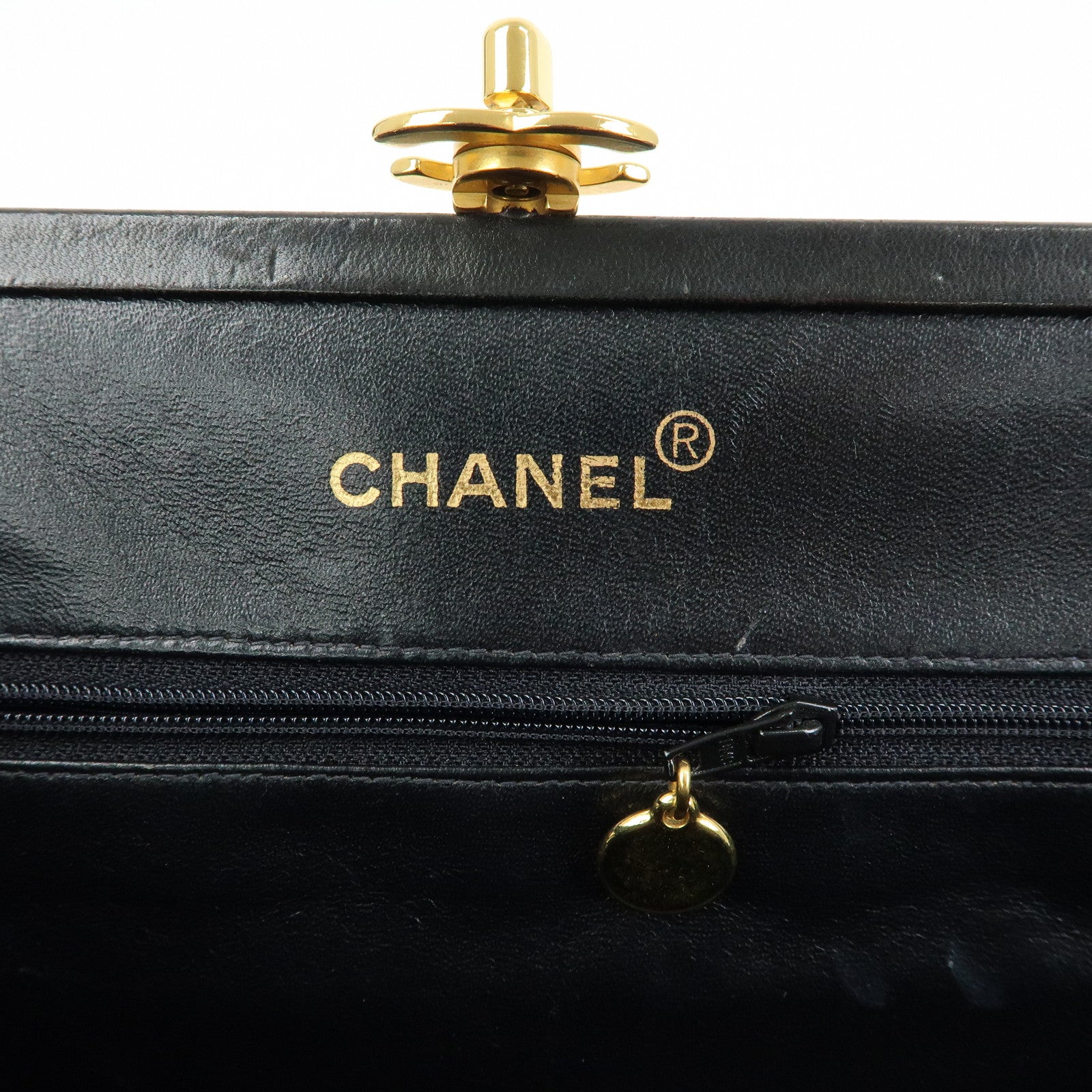 CHANEL Matelasse Lamb Skin Chain Kiss Lock Shoulder Bag Black Gold