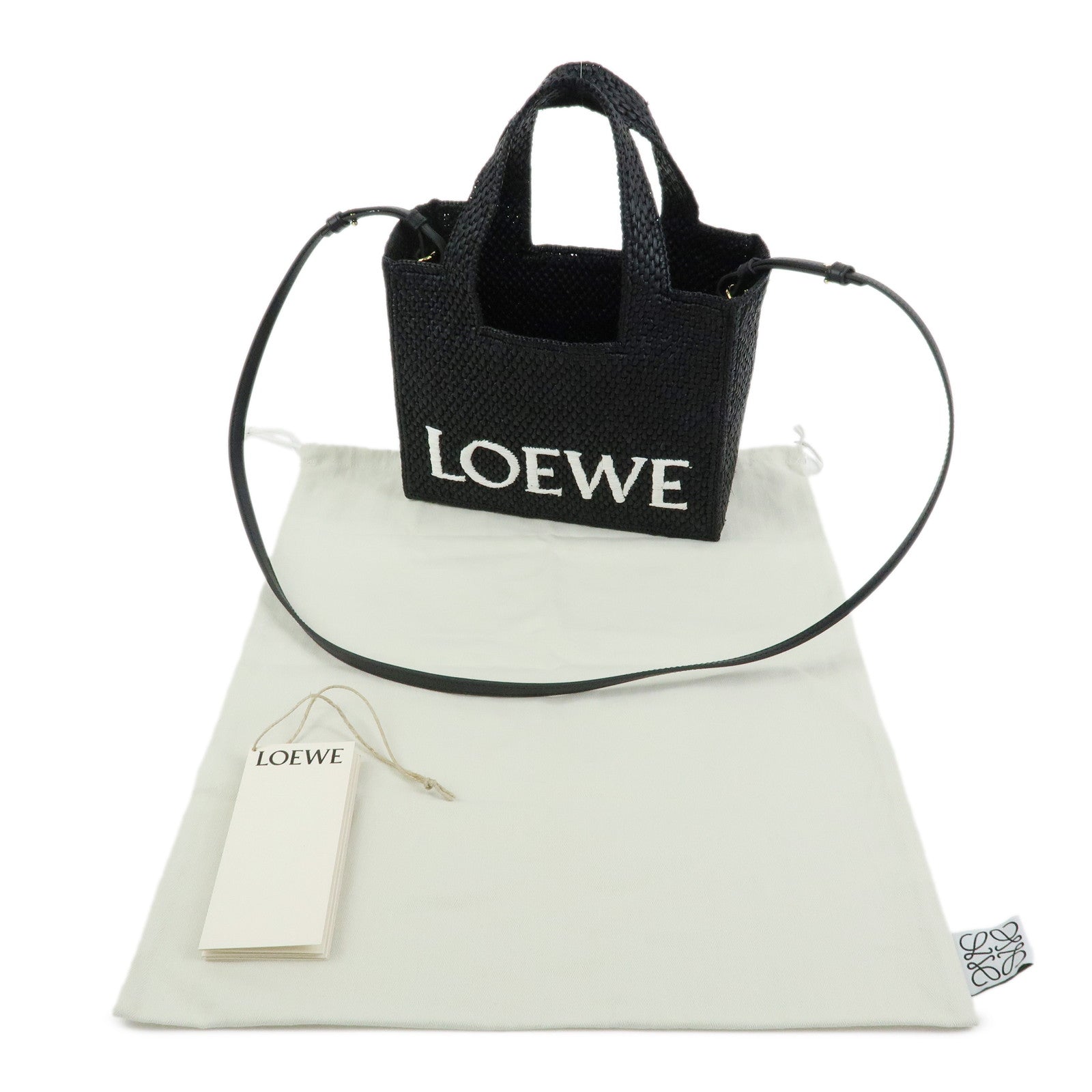 LOEWE Font Tote Mini Bag Raffia Leather 2Way Bag Hand Bag Black