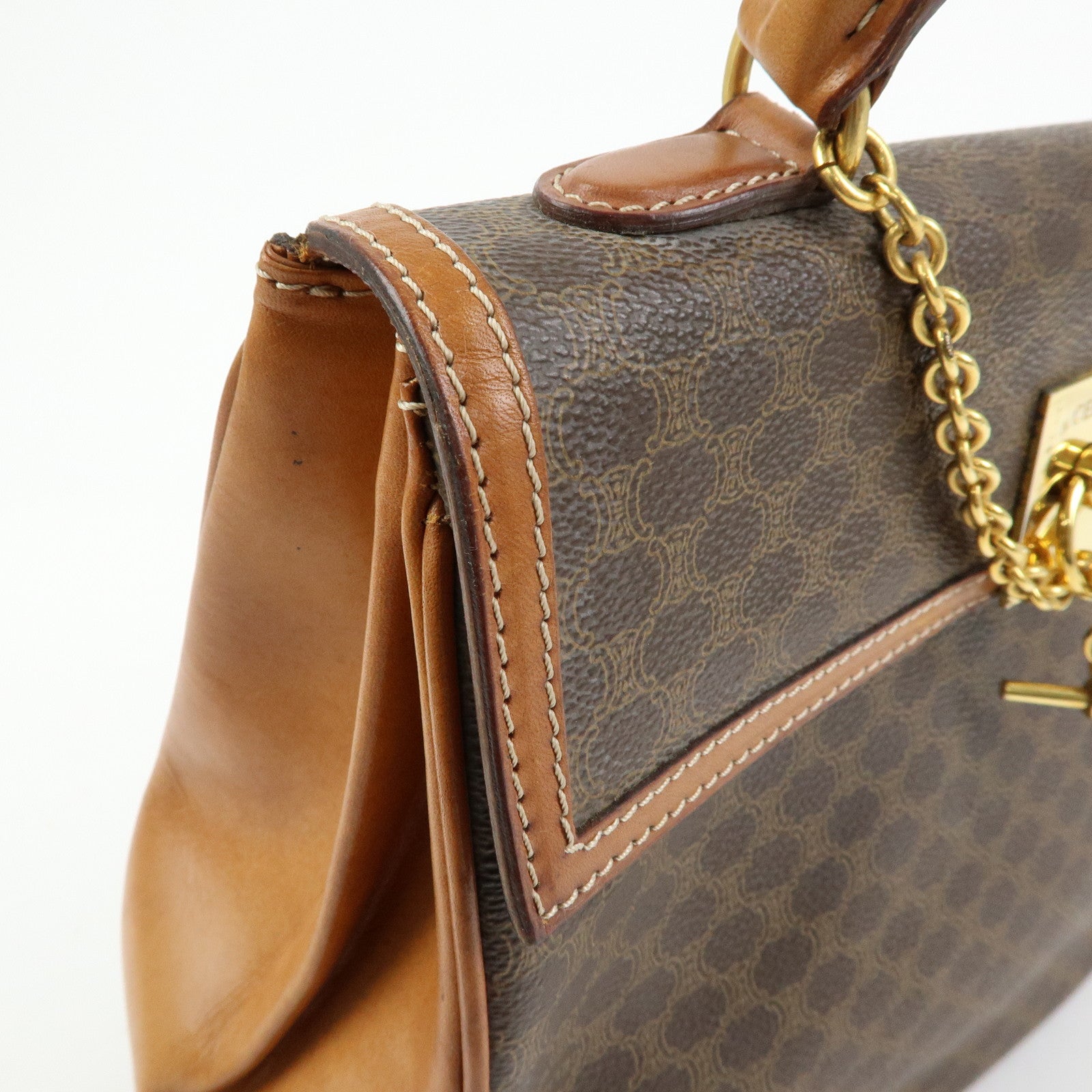 CELINE Macadam PVC Leather Hand Bag Top Handle Flap Bag Brown