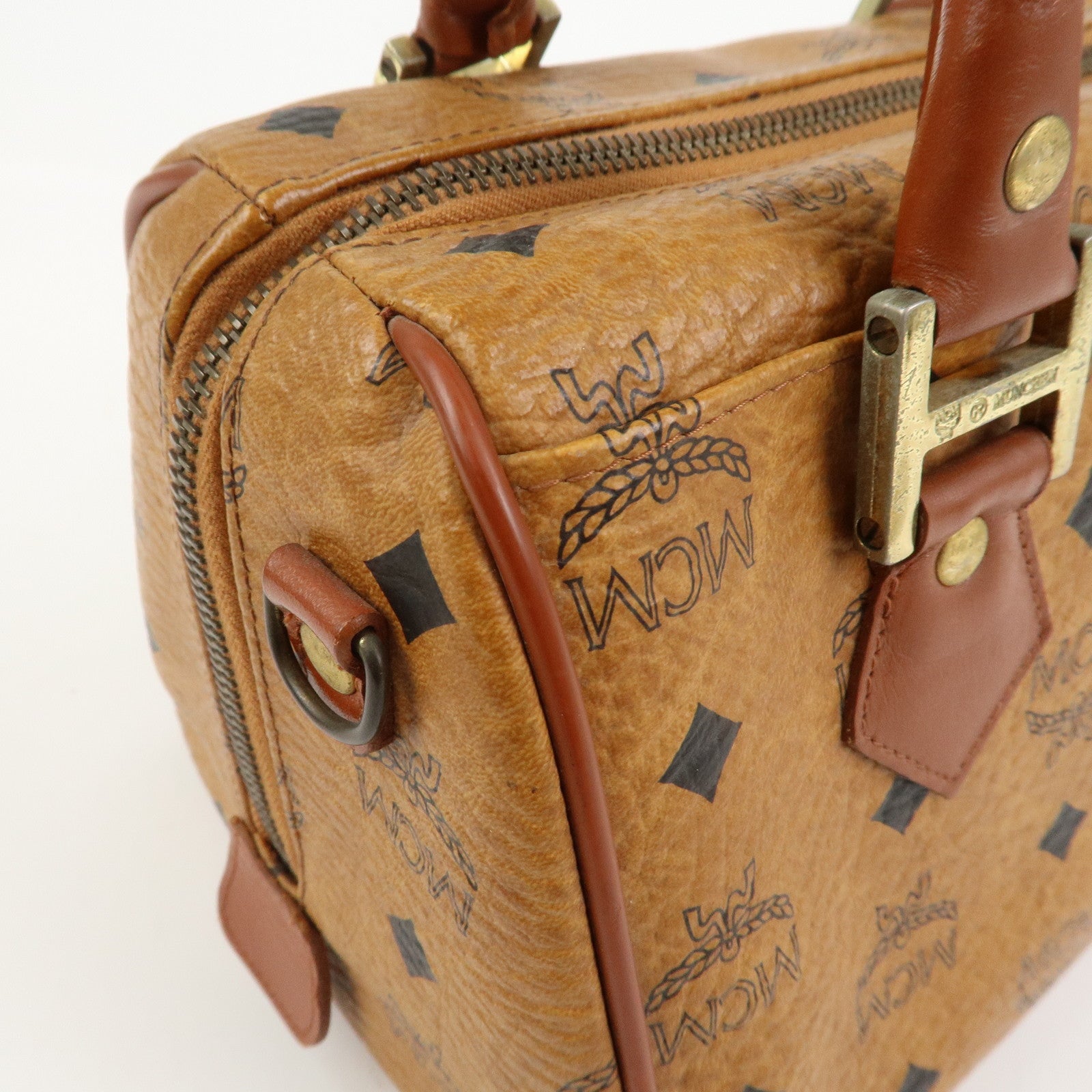 MCM Visetos Leather Boston Bag Hand Bag Brown