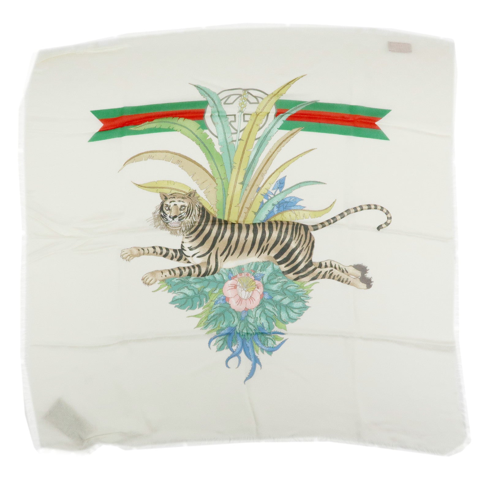GUCCI Interlocking G Sherry GG Rayon Silk Scarf Tiger Motif Ivory