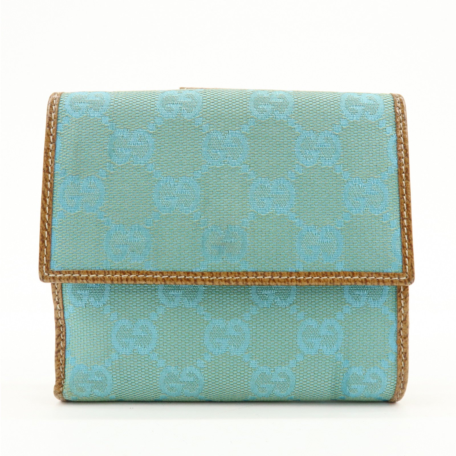 GUCCI GG Canvas Leather Compact Wallet Light Blue Brown 115090