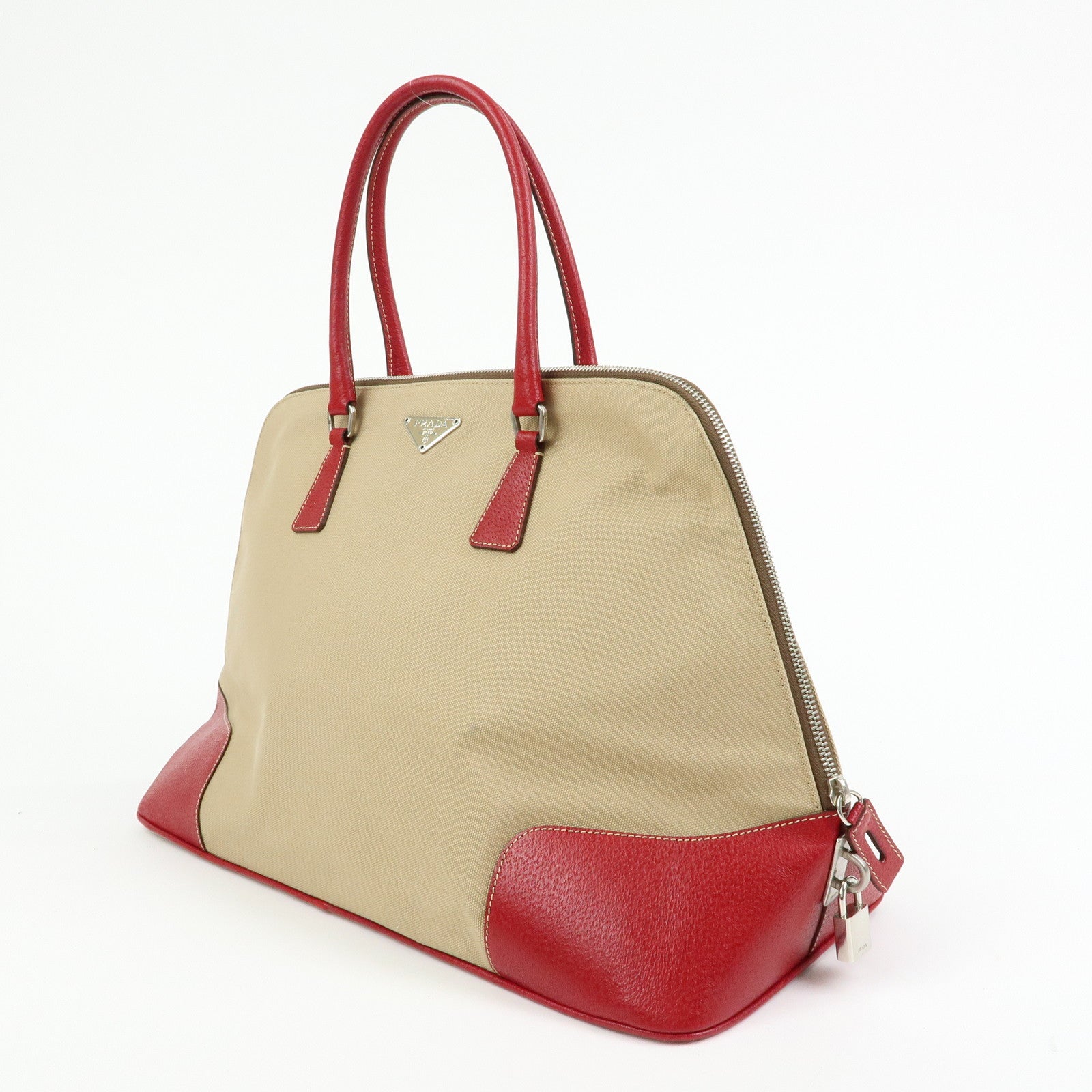 PRADA Triangle Logo Canvas Leather Hand Bag Beige Red