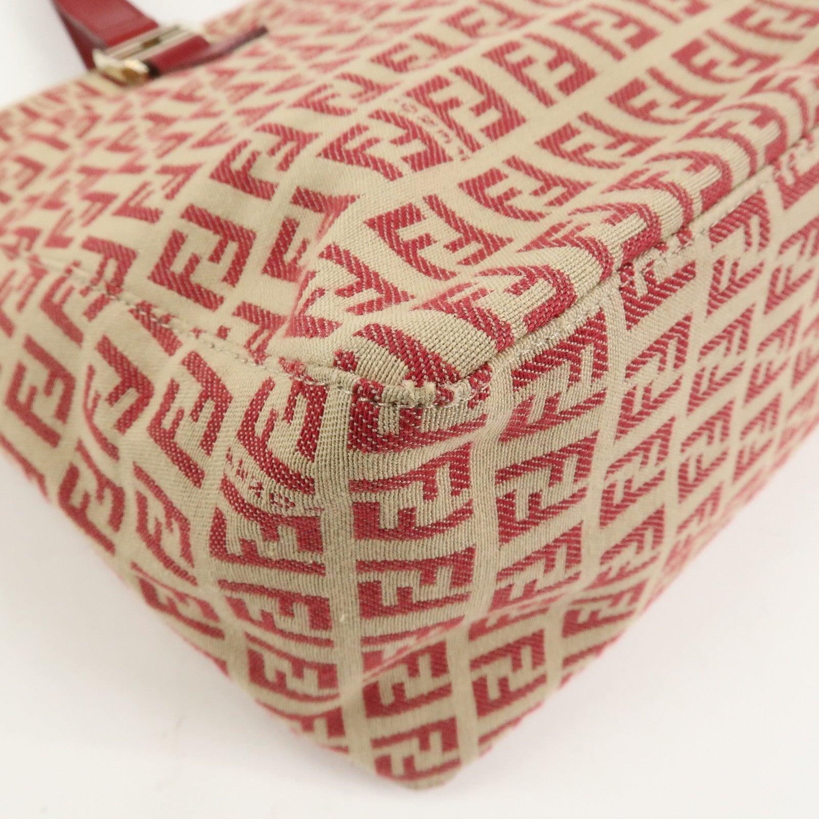 FENDI Zucchino Canvas Leather Tote Bag Hand Bag Beige Red 8BH134