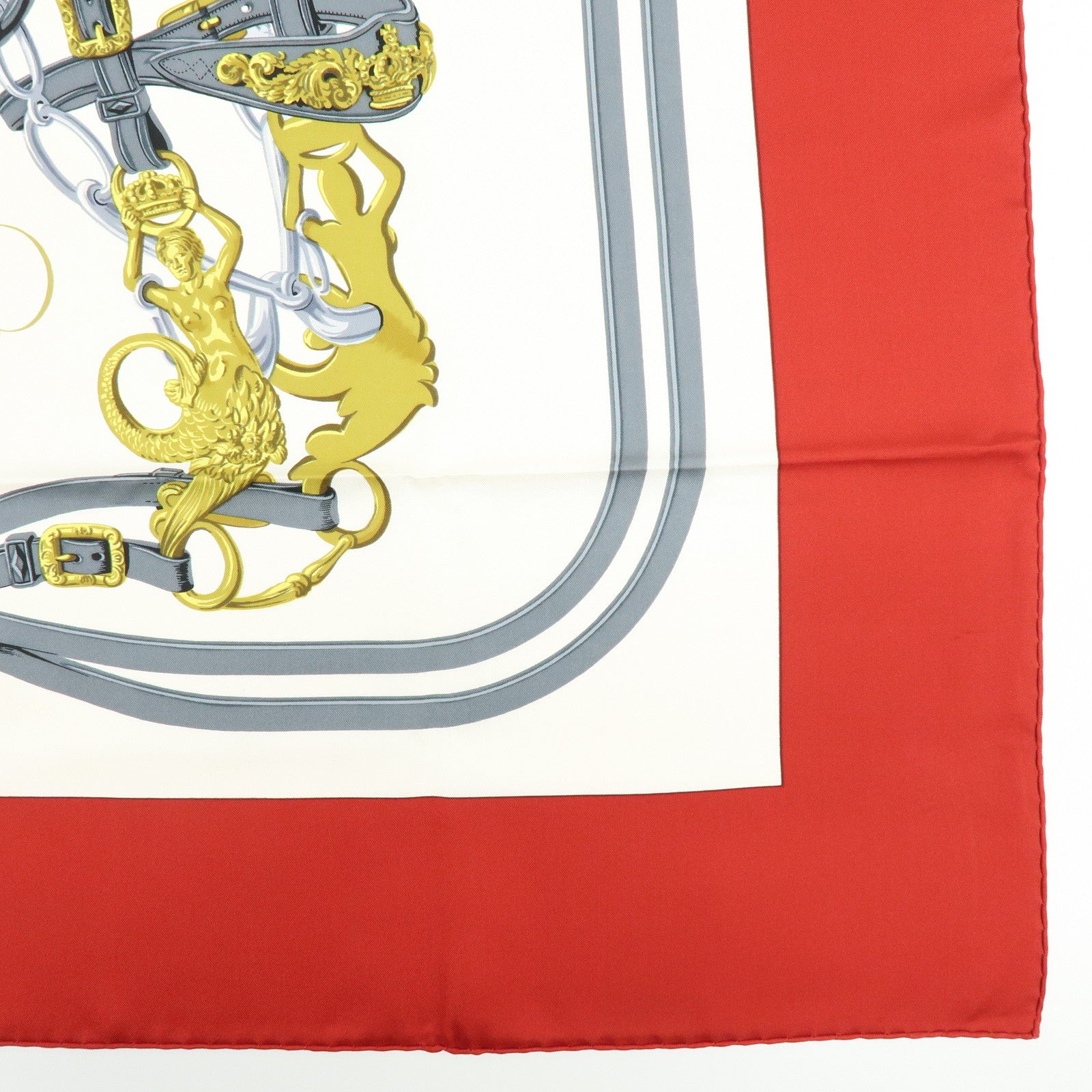HERMES Carre 90 Silk 100% BRIDES DE GALA Scarf Red Gold
