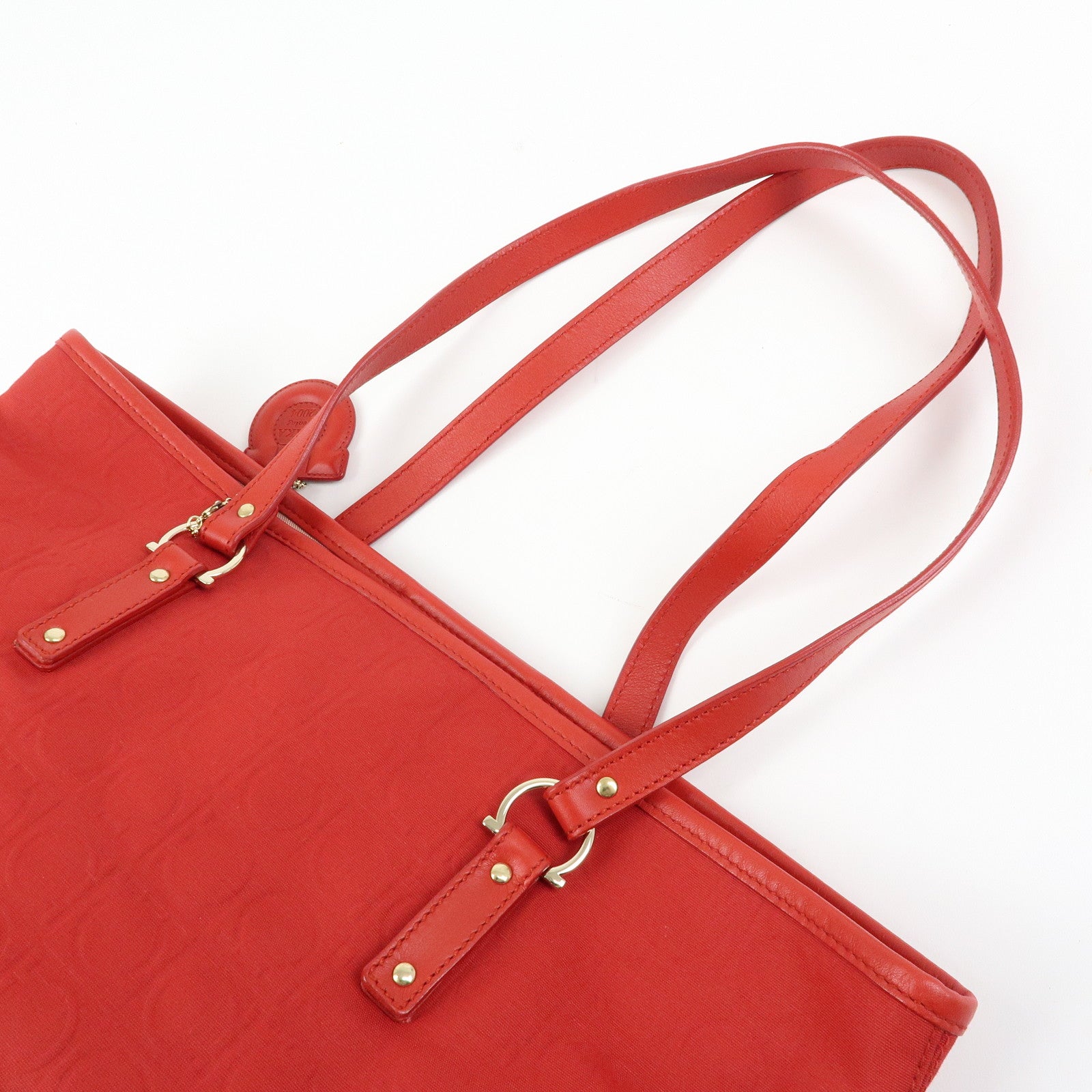 Ferragamo Gancini Canvas Leather Tote Shoulder Bag OSAKA 2004 Red