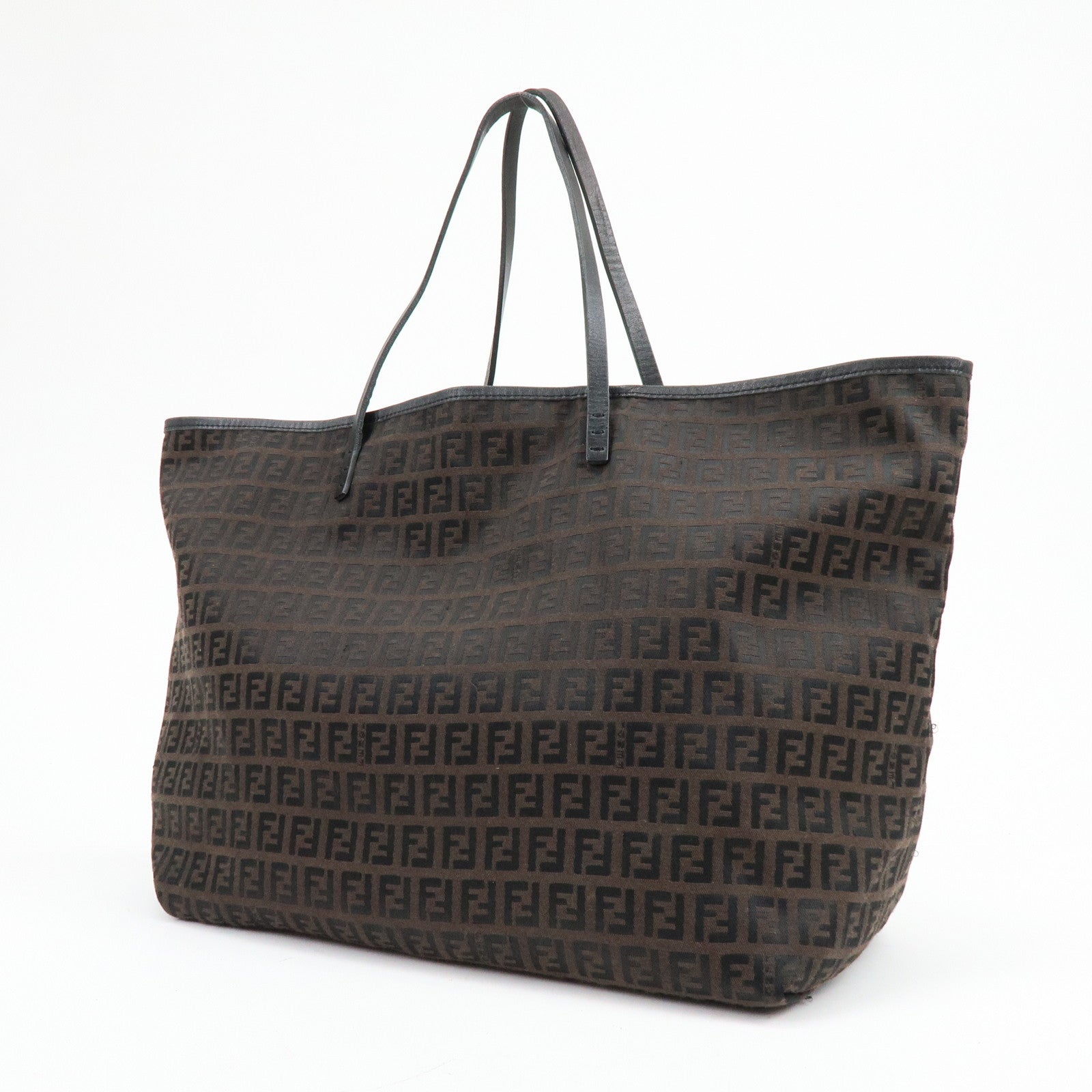 FENDI Zucchino Canvas Leather Tote Bag Shoulder Bag Brown