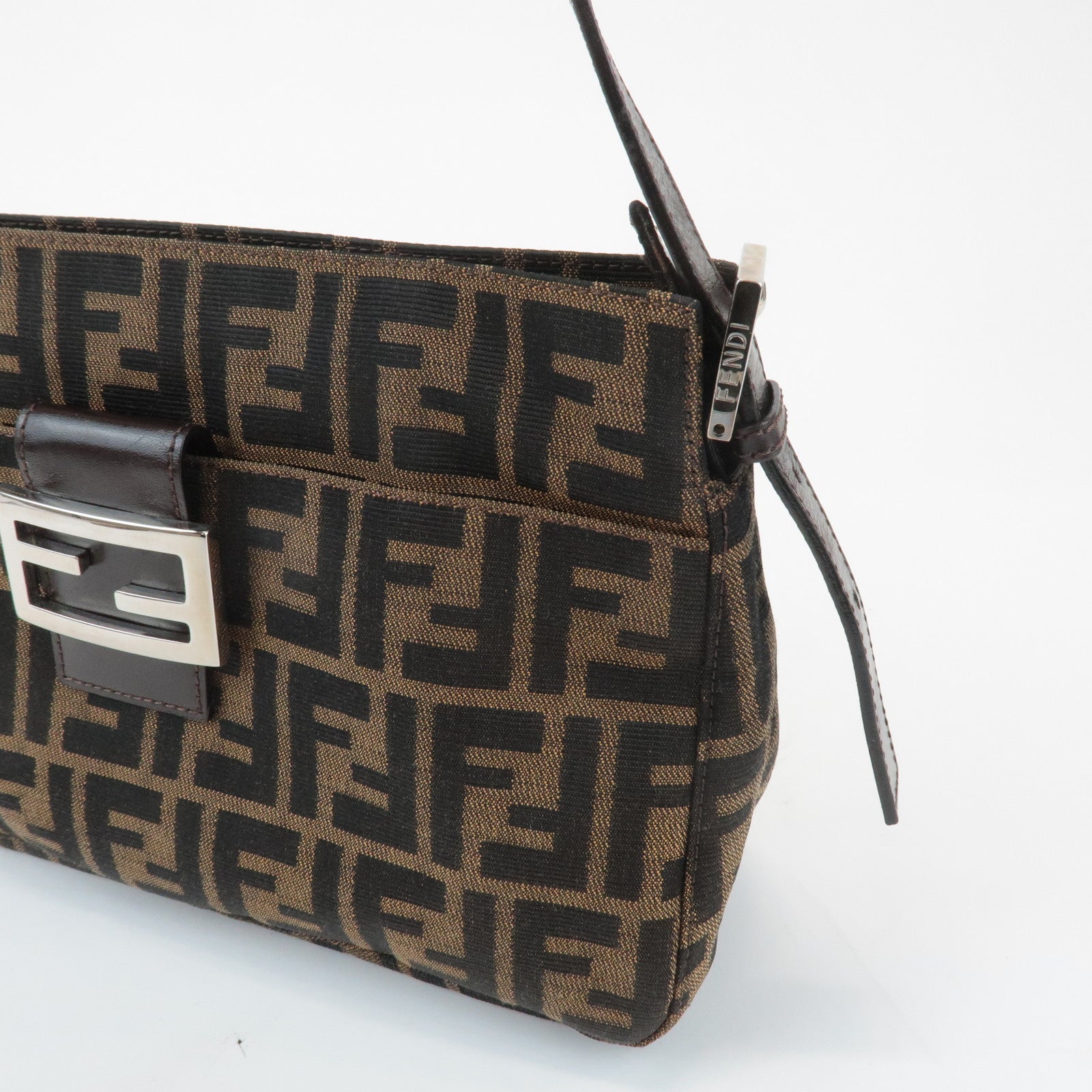 FENDI Zucca Canvas Leather Semi Shoulder Bag Black Brown 26566