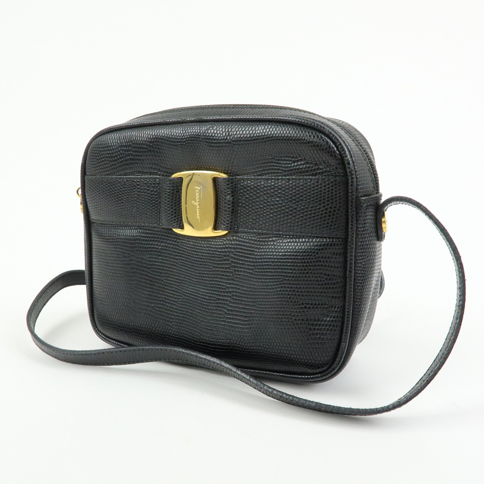 Ferragamo Varra Embossed Leather Shoulder Bag Crossbody Bag Black
