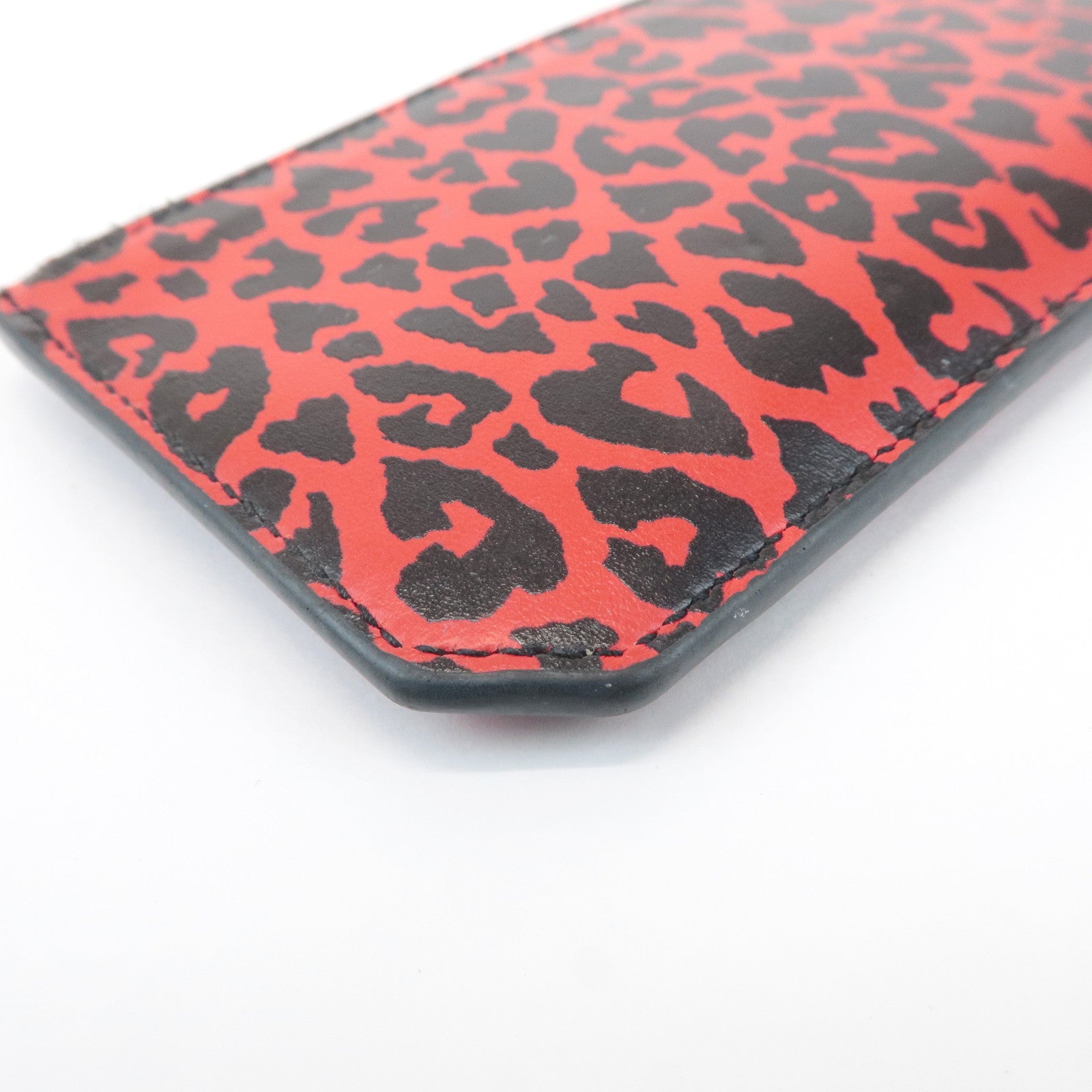 Saint Lauren Leather Animal Leopard Coin Case Card Case Black Red Used
