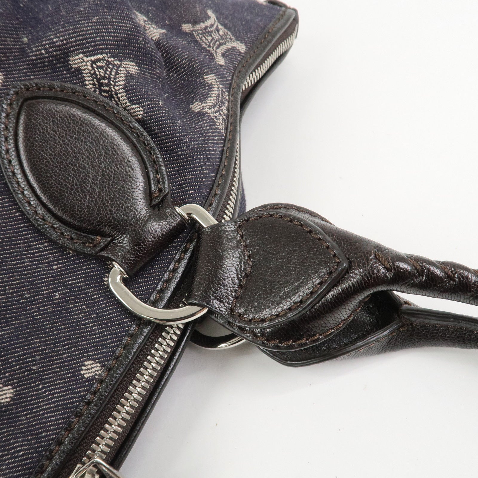 CELINE Macadam Denim Leather Tote Bag Hand Bag Navy Dark Brown