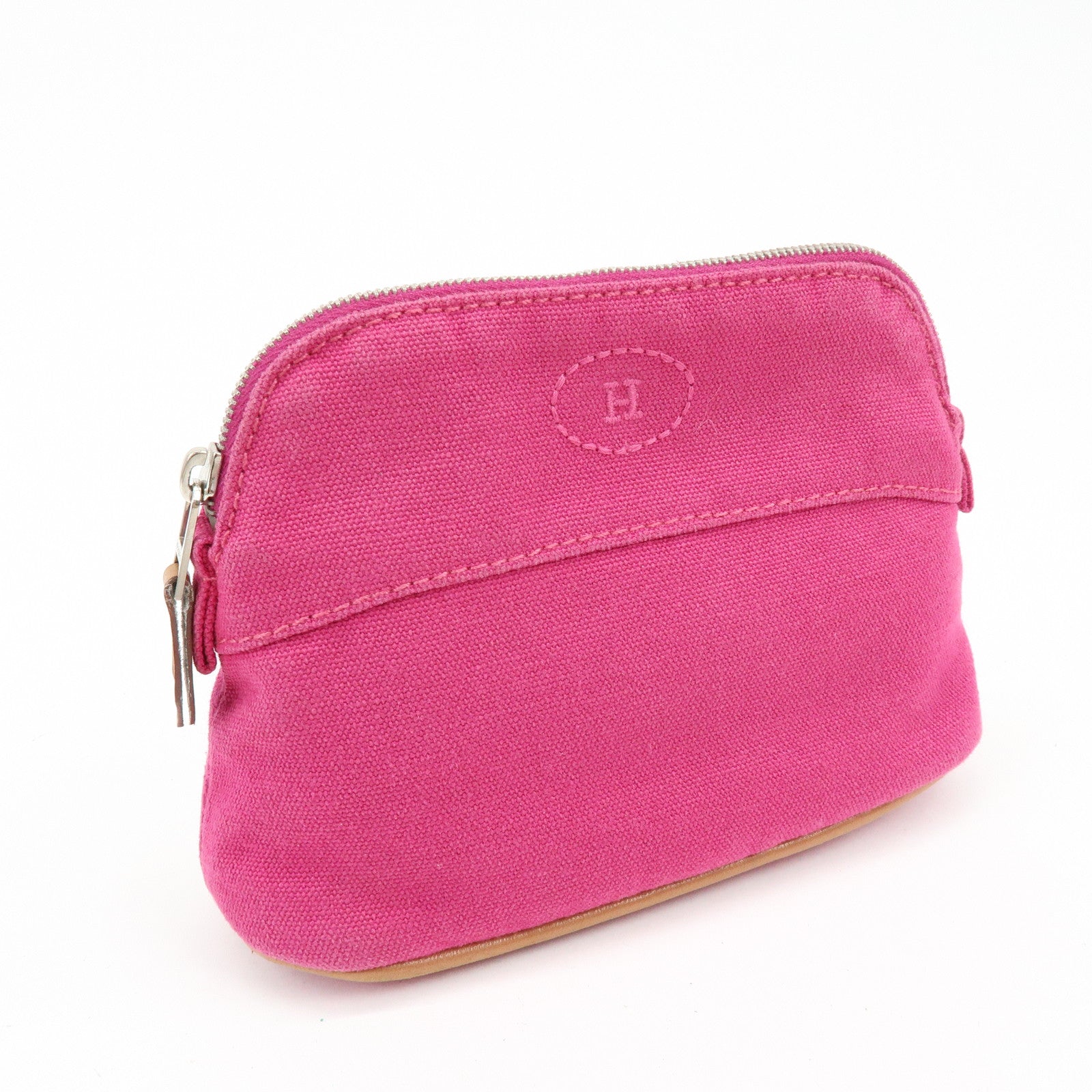HERMES Bolide Set of 2 Canvas Leather Cosmetic Pouch Pink Red