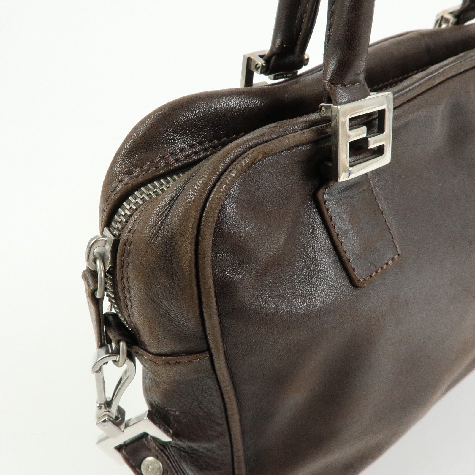 FENDI Leather 2Way Bag Hand Bag Shoulder Bag Brown