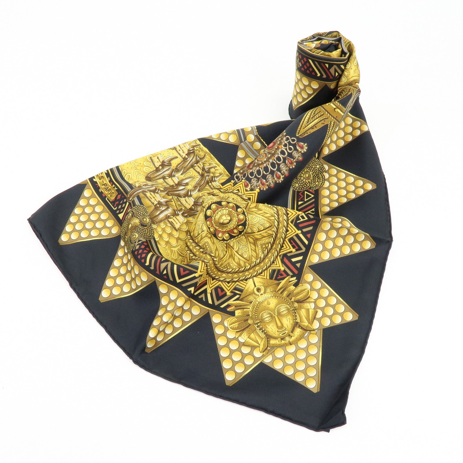 HERMES Carre 90 Silk 100% Scarf L'OR DES CHEFS Black Gold
