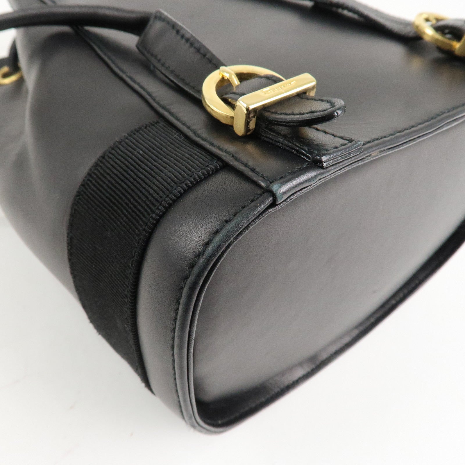 Ferragamo Vara Ribbon Leather Backpack Shoulder Bag Black AQ215676 Used