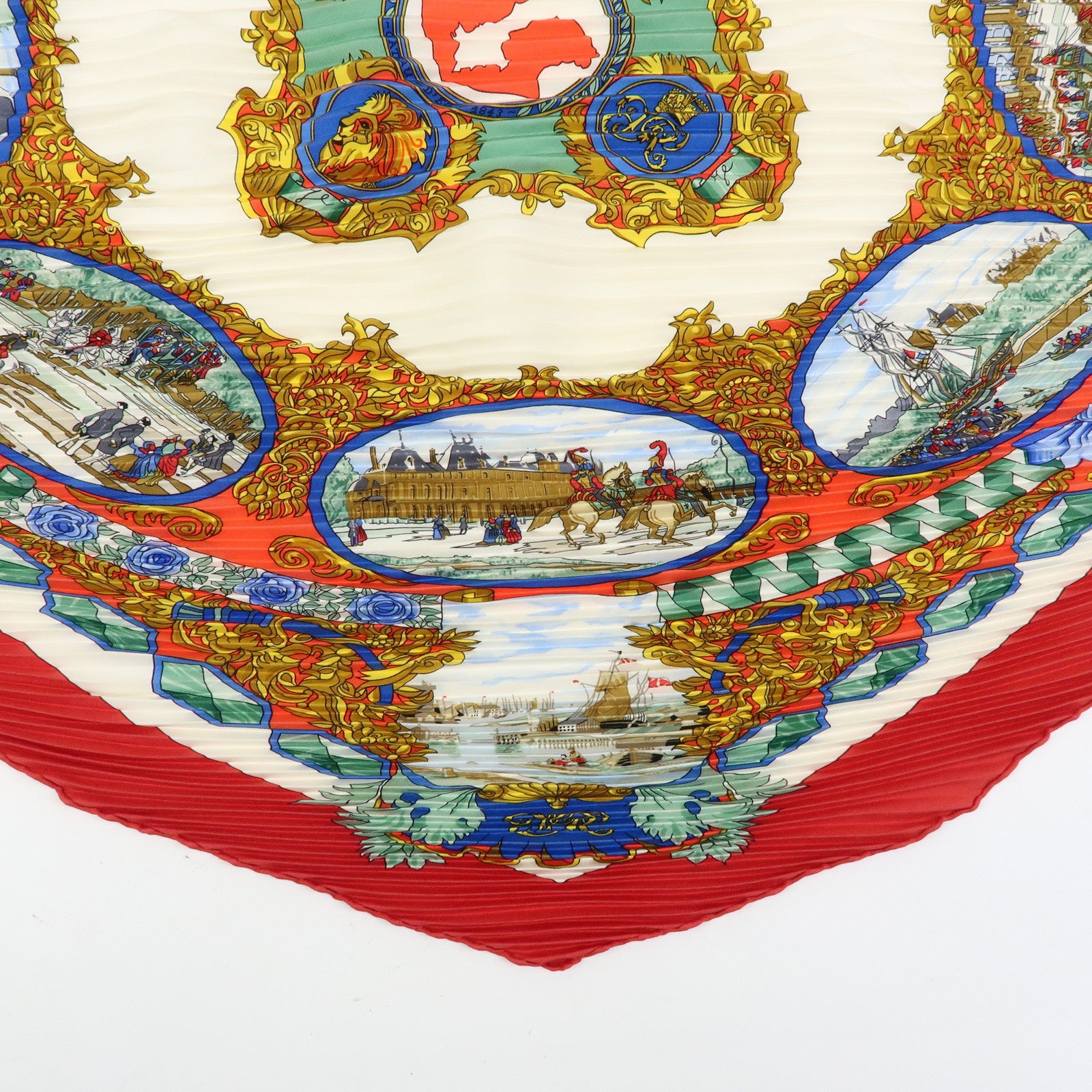 HERMES Pleated Carre Silk 100% Scarf L'ENTENTE CORDIALE Red Blue